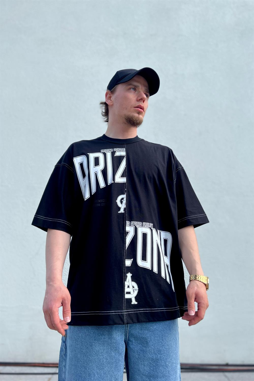 Arizona Baskılı Siyah Kısa Kalıp Oversize Tshirt T737