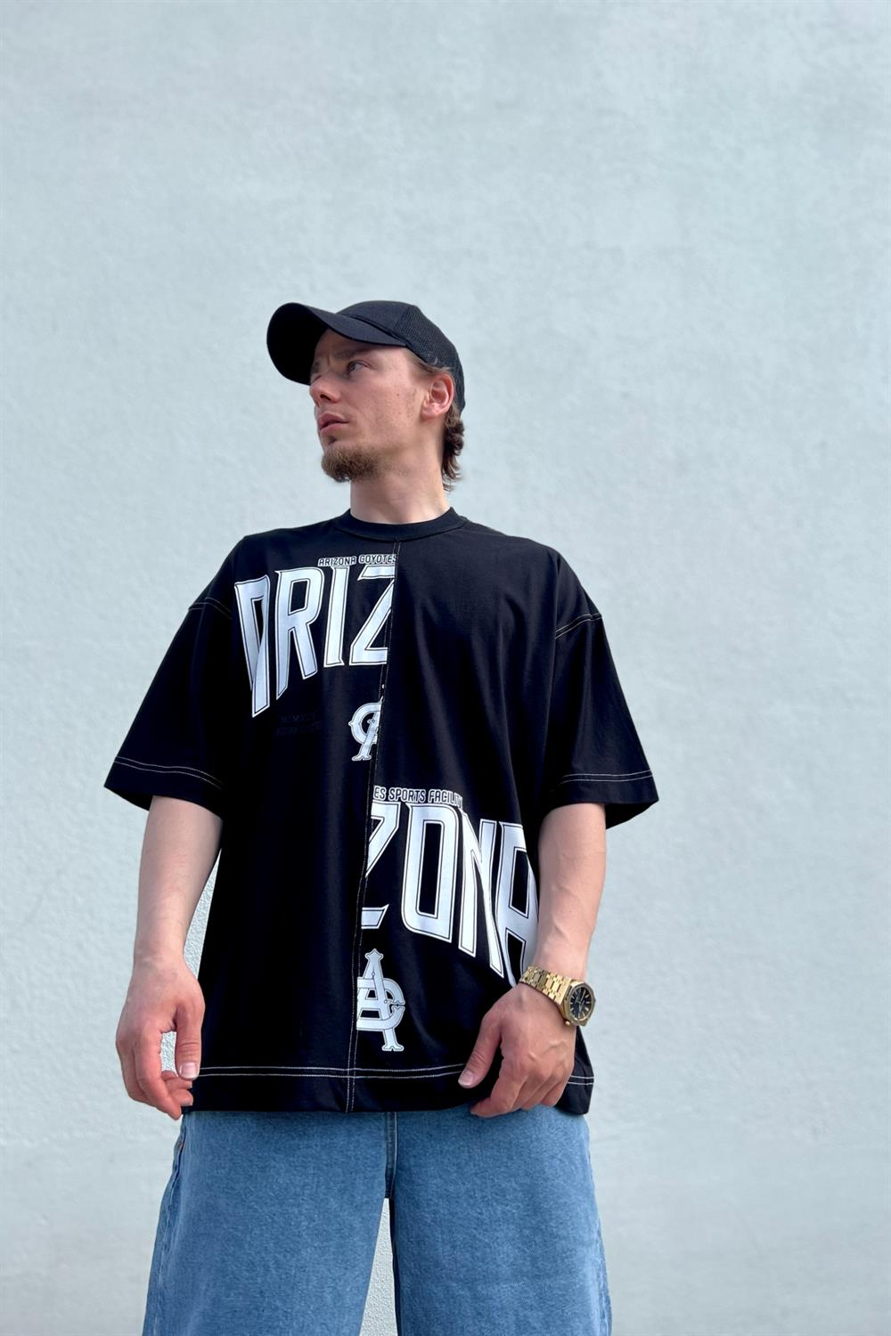 Arizona Baskılı Siyah Kısa Kalıp Oversize Tshirt T737