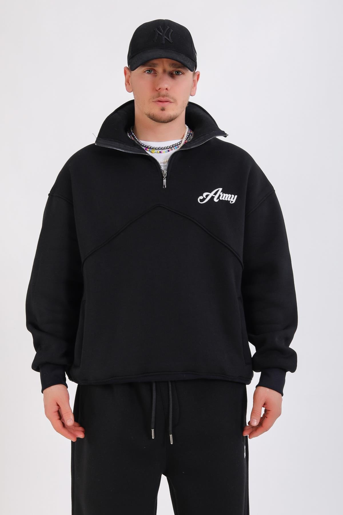 Army Baskılı Siyah Oversize Polo Yaka Sweatshirt SW1352