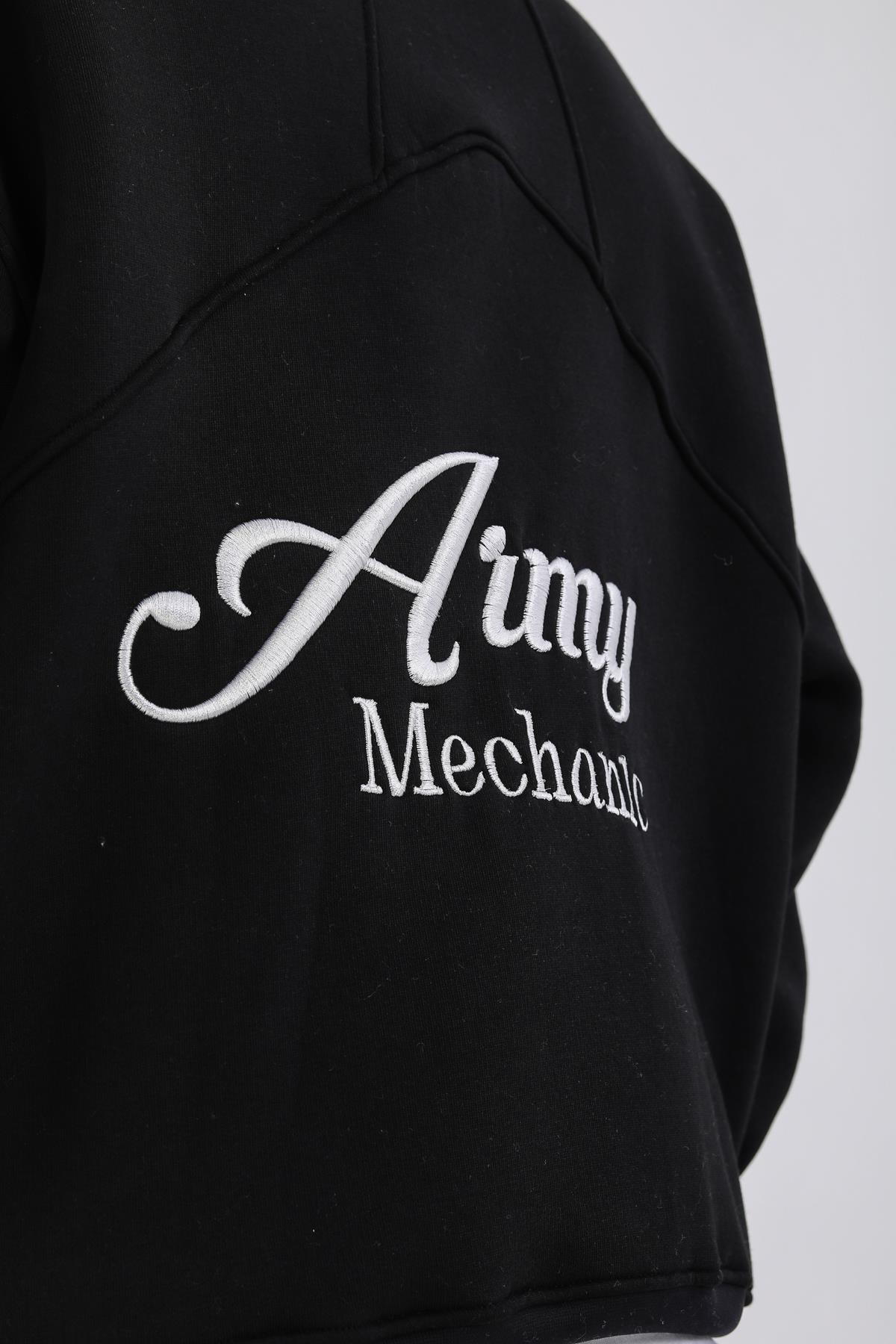 Army Baskılı Siyah Oversize Polo Yaka Sweatshirt SW1352