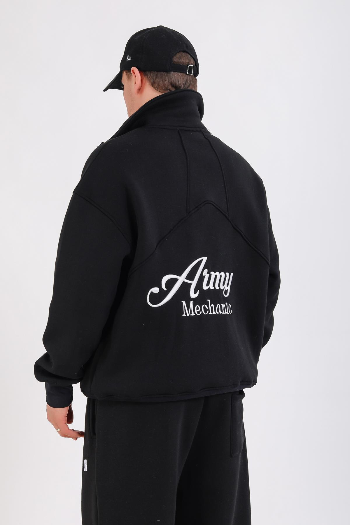 Army Baskılı Siyah Oversize Polo Yaka Sweatshirt SW1352