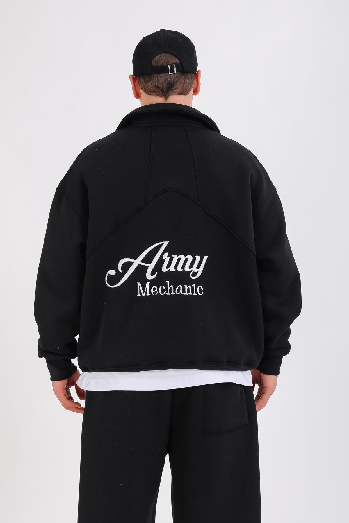 Army Baskılı Siyah Oversize Polo Yaka Sweatshirt SW1352