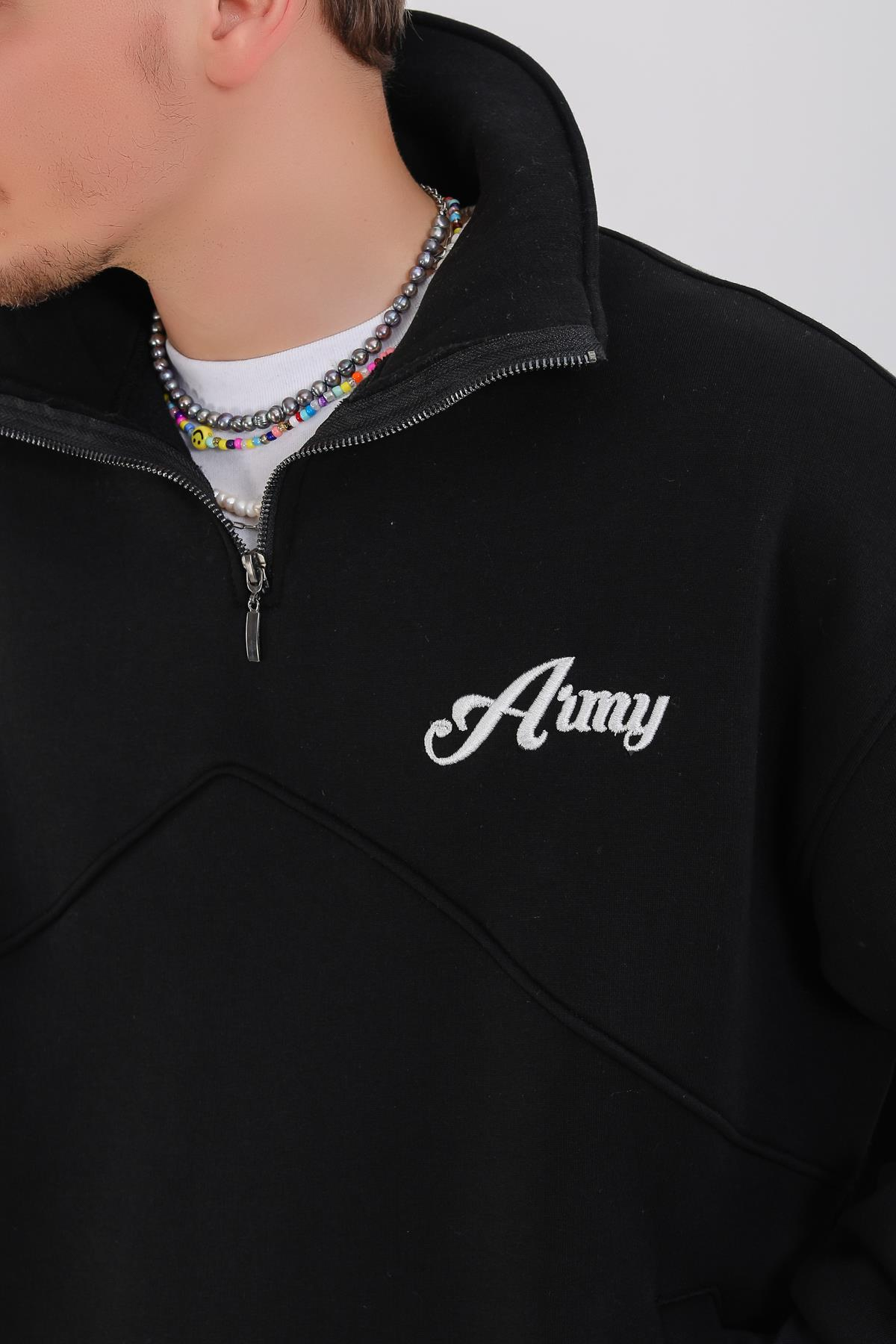 Army Baskılı Siyah Oversize Polo Yaka Sweatshirt SW1352