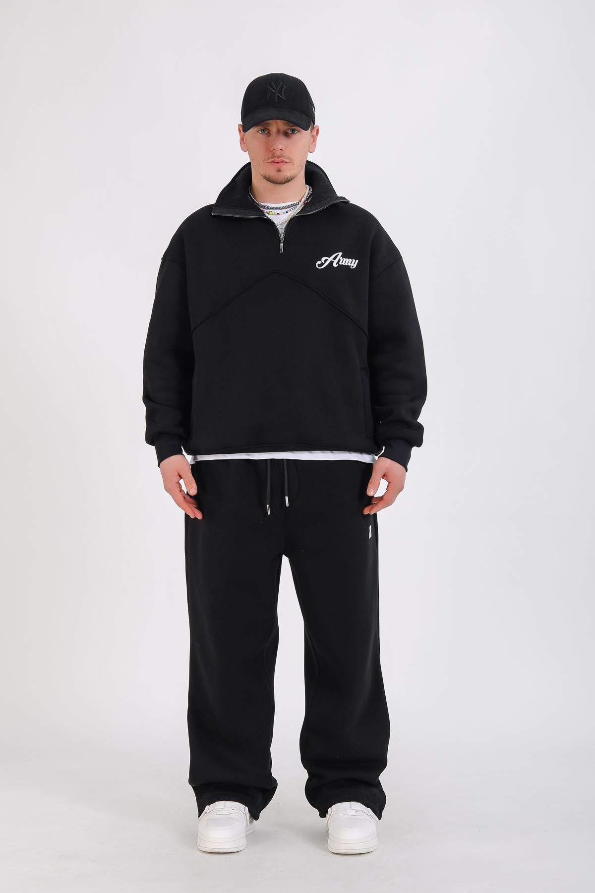 Army Baskılı Siyah Oversize Polo Yaka Sweatshirt SW1352