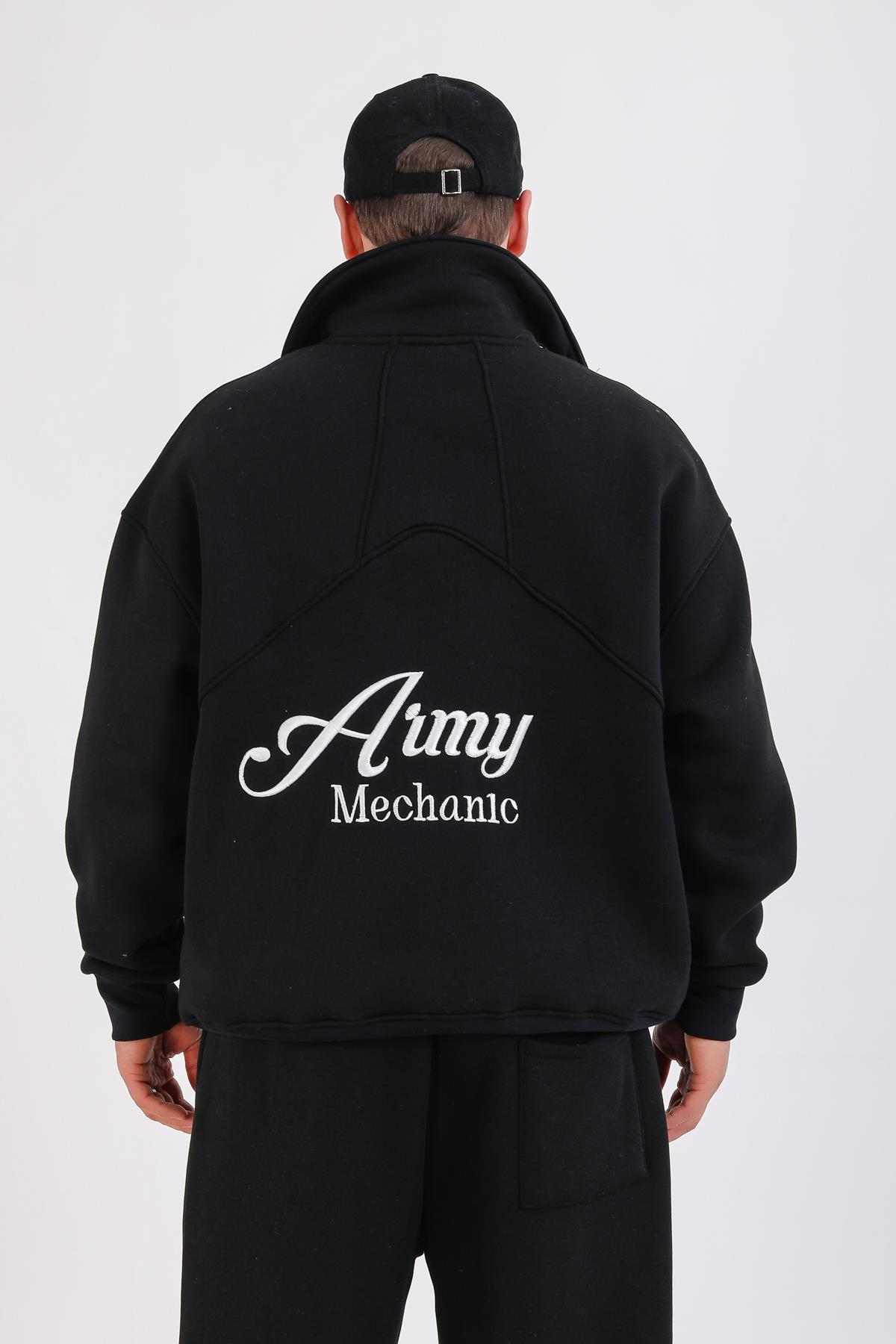 Army Baskılı Siyah Oversize Polo Yaka Sweatshirt SW1352