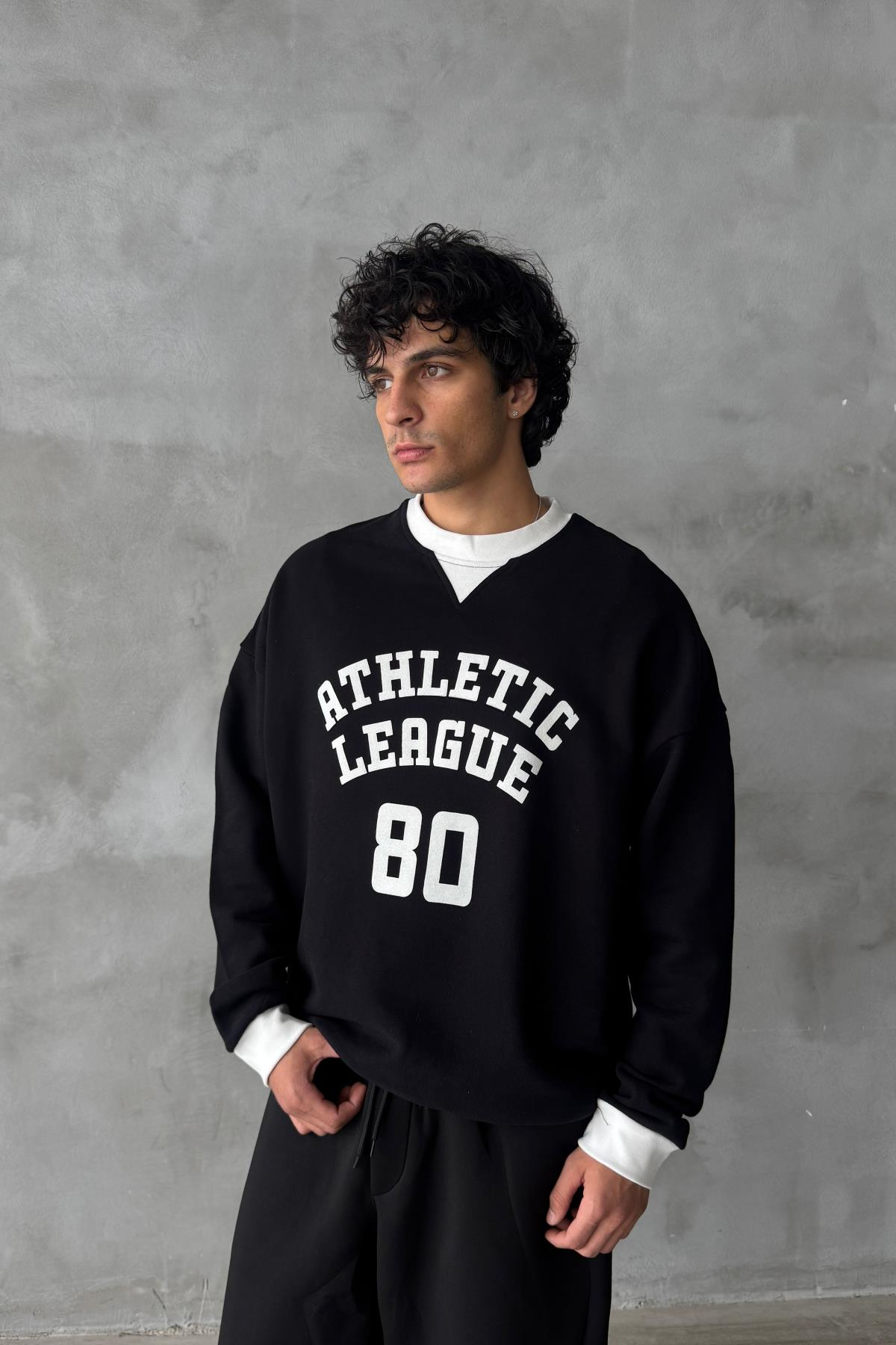 Athletic Baskılı Siyah Oversize Sweatshirt SR01