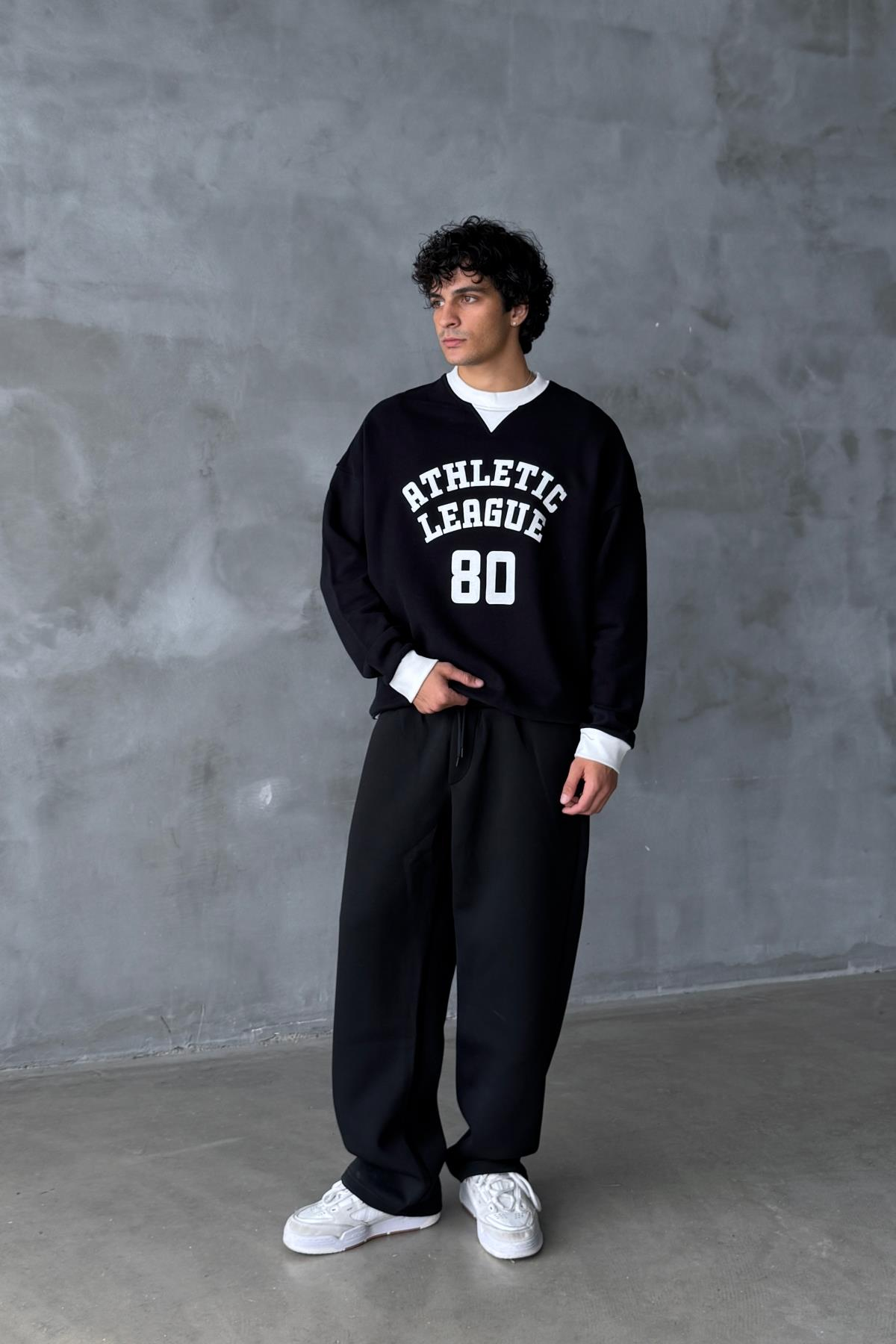 Athletic Baskılı Siyah Oversize Sweatshirt SR01