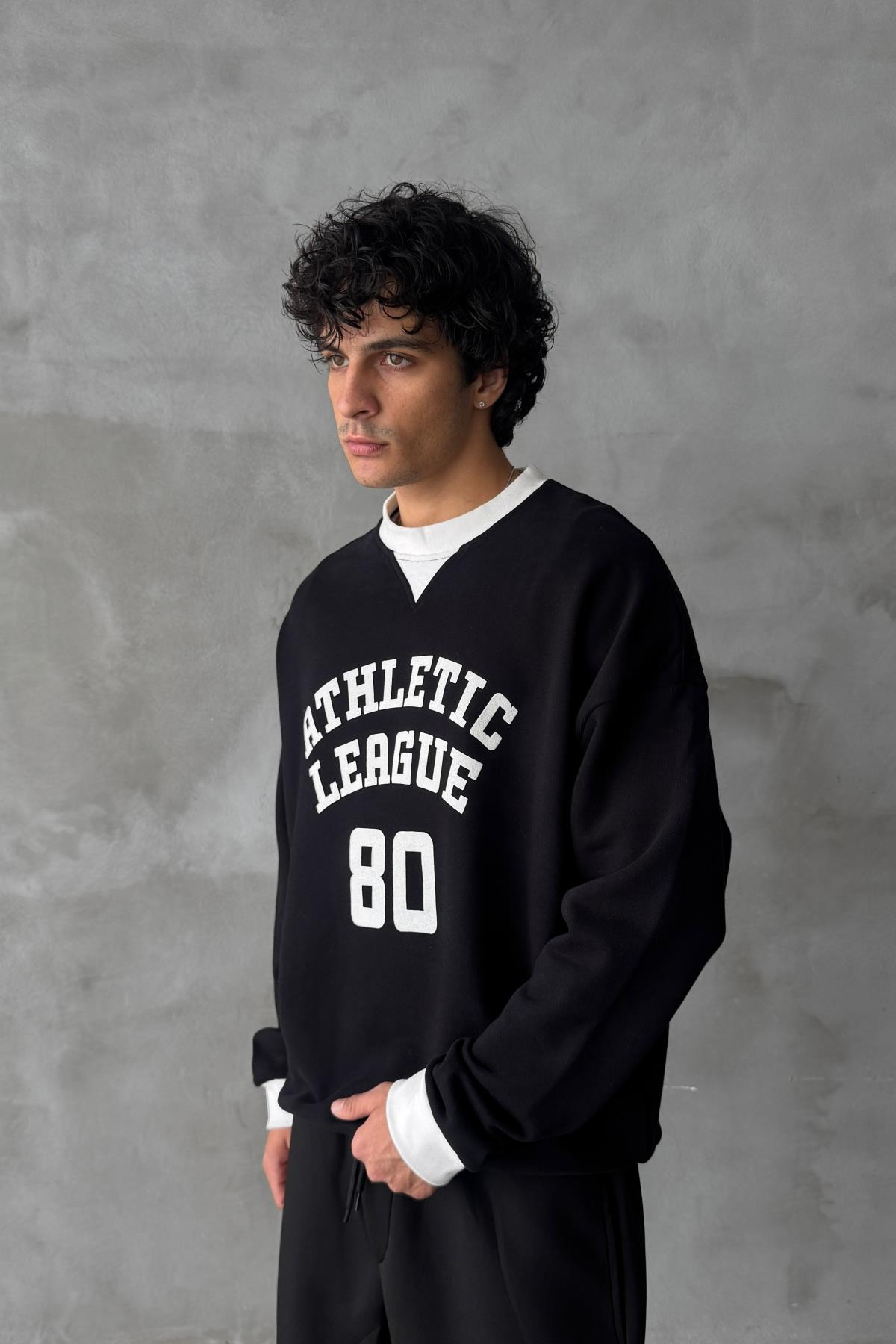 Athletic Baskılı Siyah Oversize Sweatshirt SR01