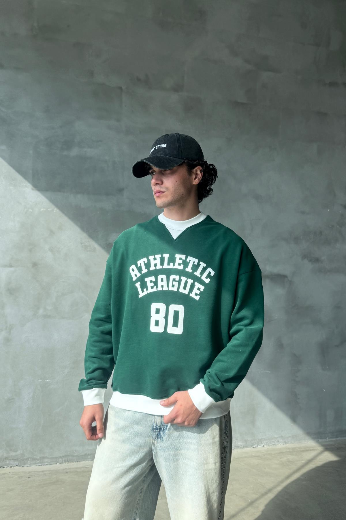 Athletic Baskılı Yeşil Oversize Sweatshirt SR01