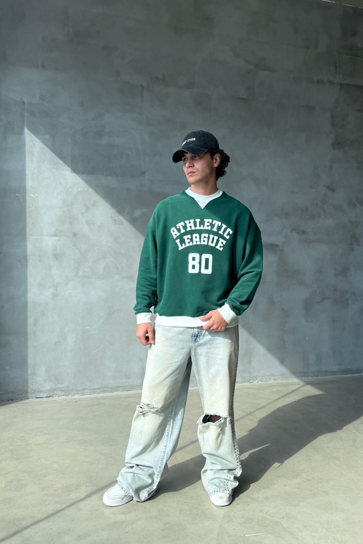 Athletic Baskılı Yeşil Oversize Sweatshirt SR01