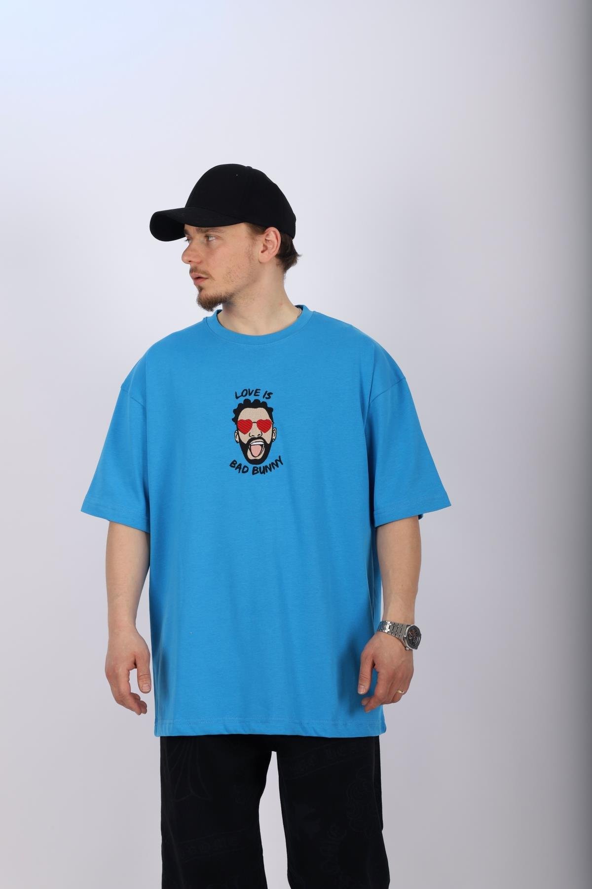 Bad Bunn Nakışlı Mavi Oversize Tshirt T1019