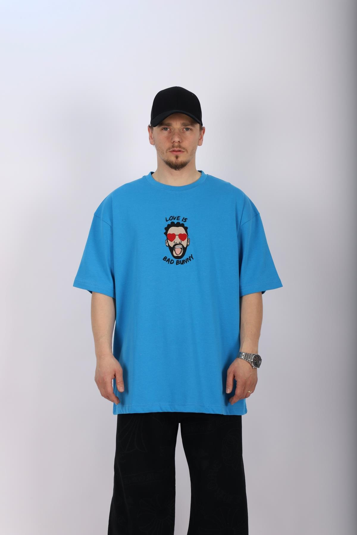 Bad Bunn Nakışlı Mavi Oversize Tshirt T1019