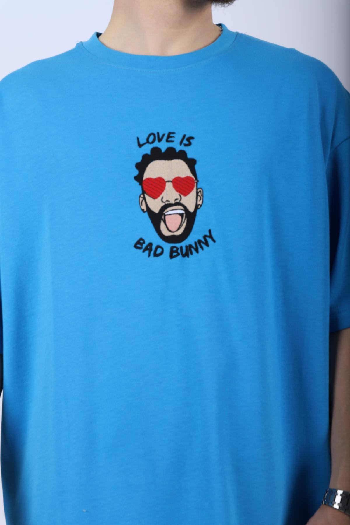 Bad Bunn Nakışlı Mavi Oversize Tshirt T1019