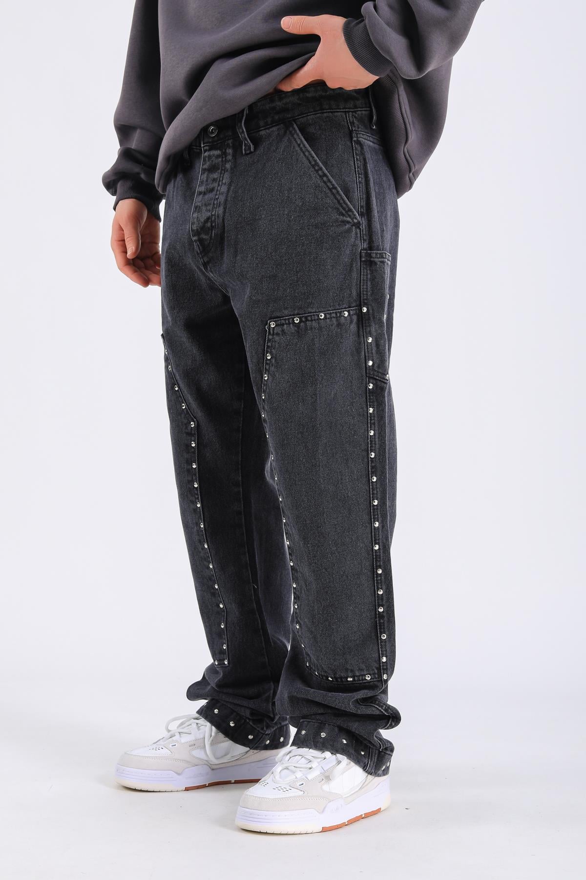 Baggy Patches Rivets Jean - Black P1089