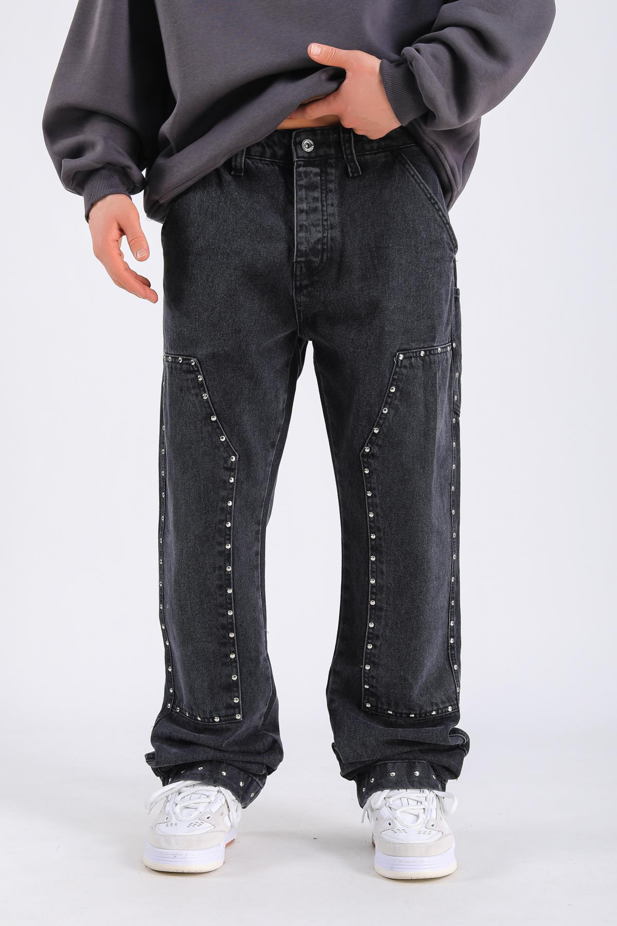 Baggy Patches Rivets Jean - Black P1089