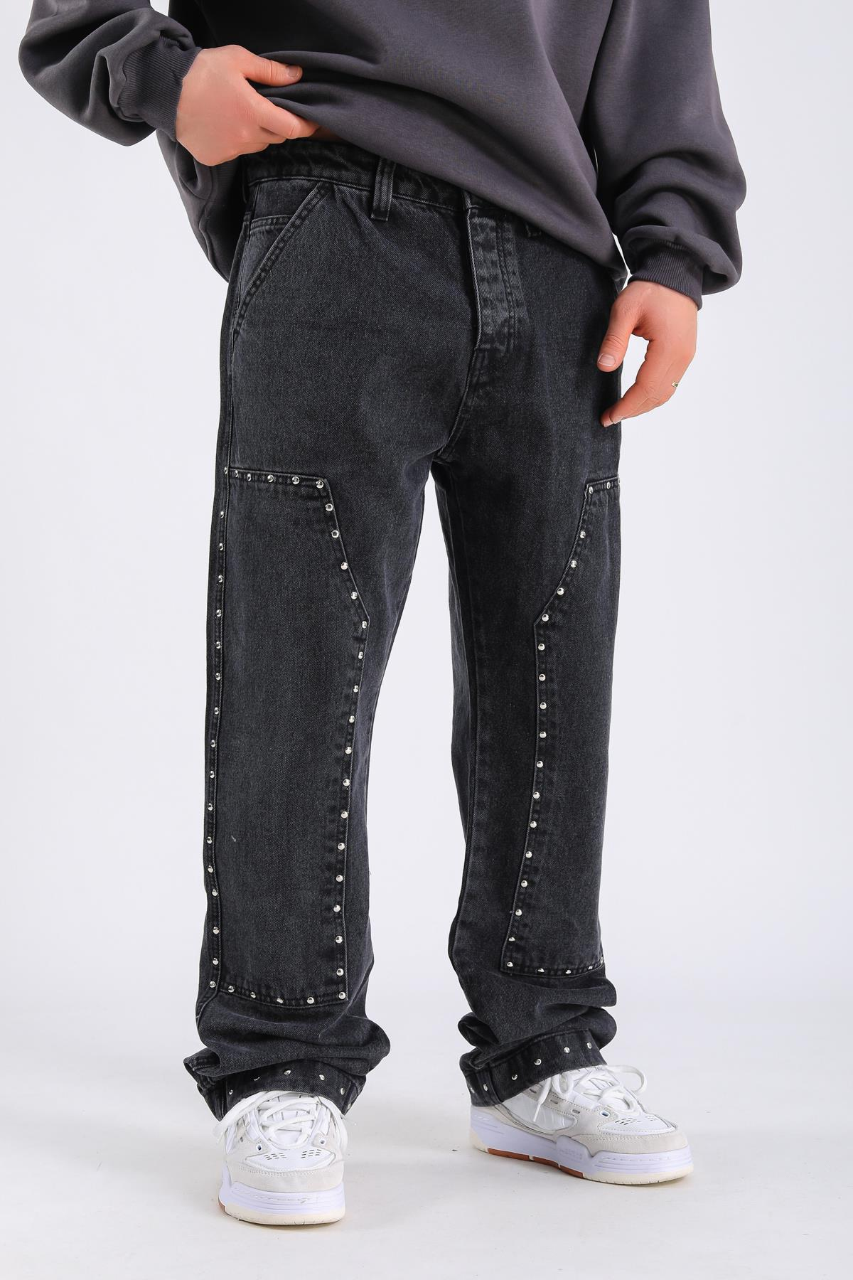 Baggy Patches Rivets Jean - Black P1089