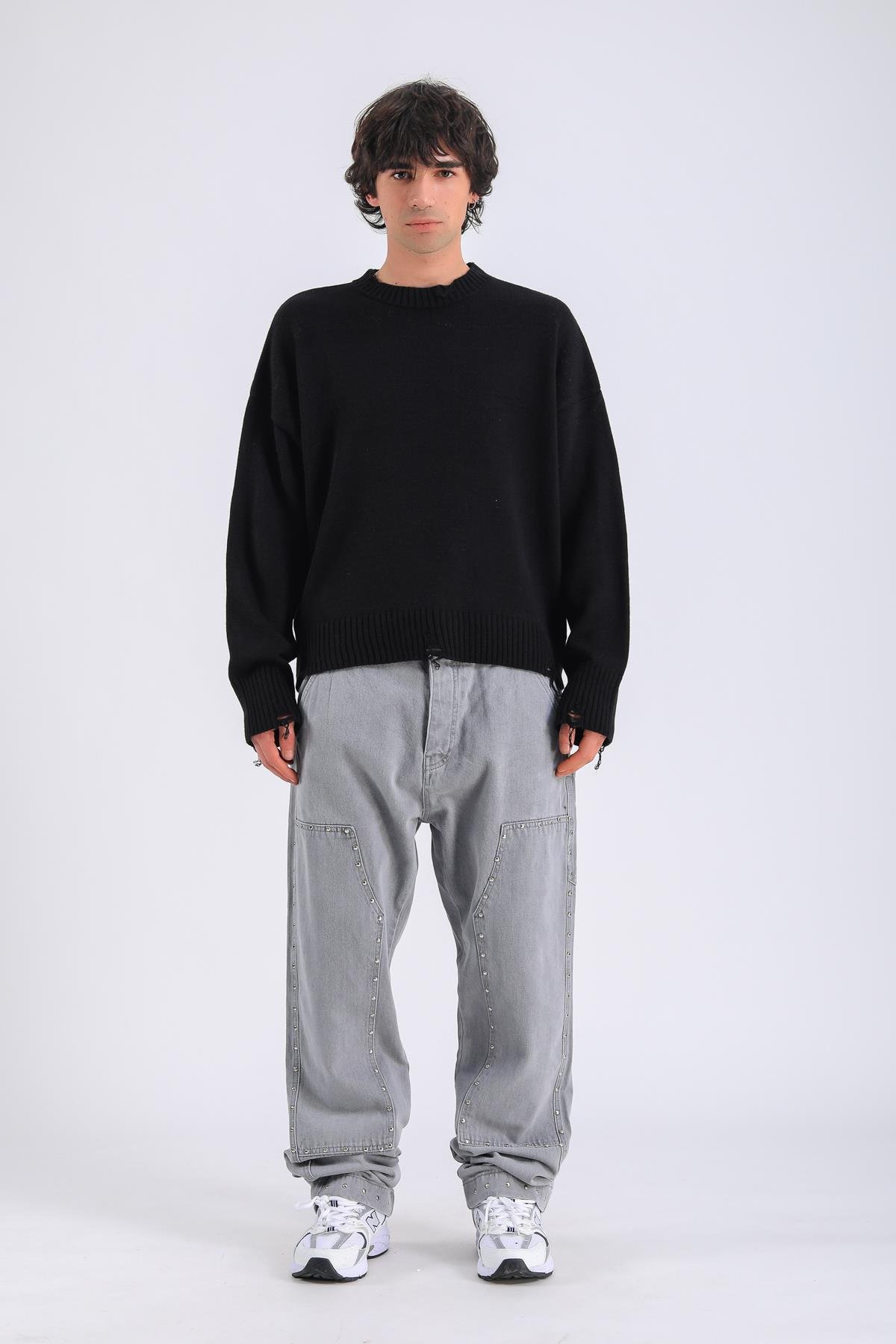 Baggy Patches Rivets Jean - Grey P1090