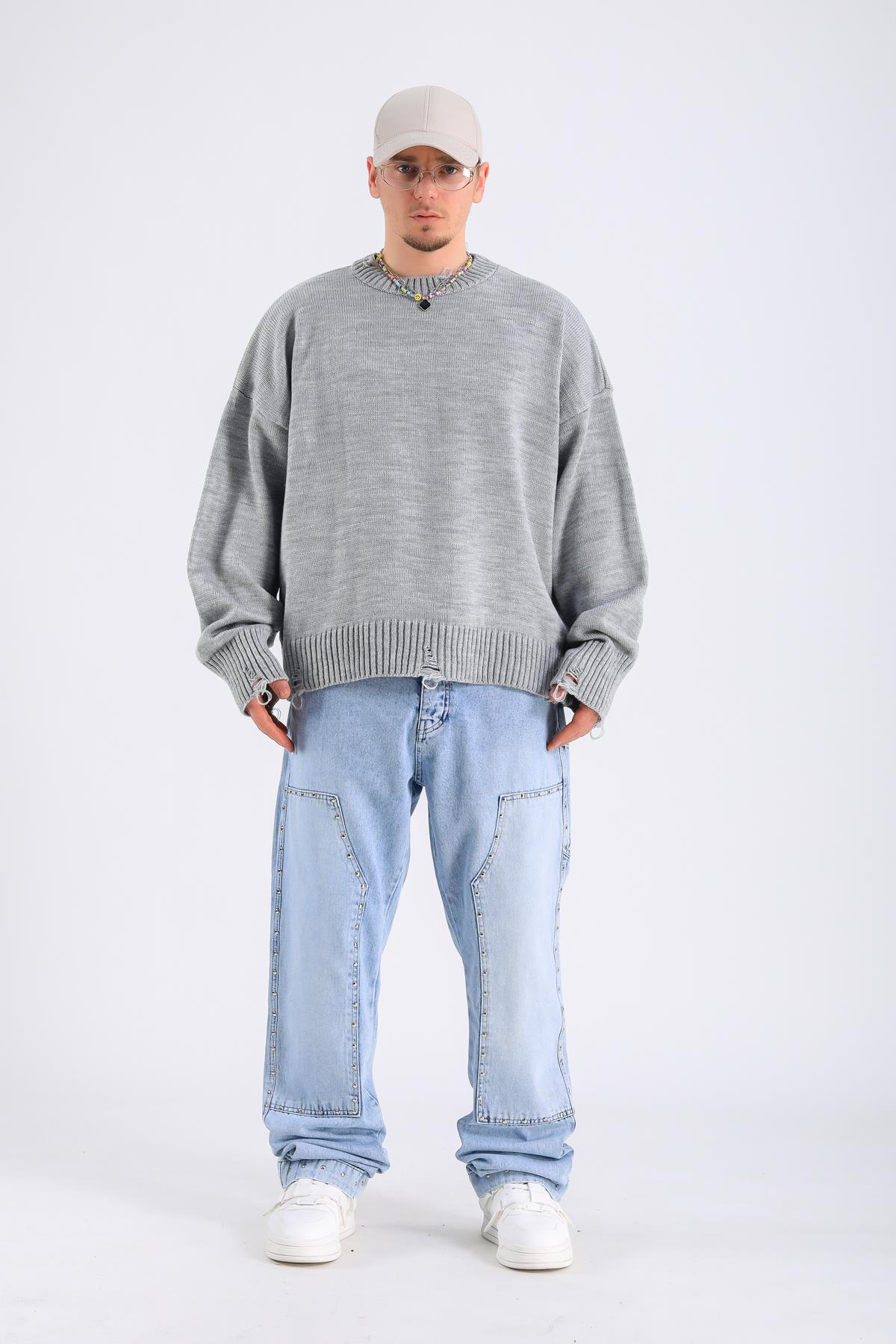 Baggy Patches Rivets Jean - Light blue P1076