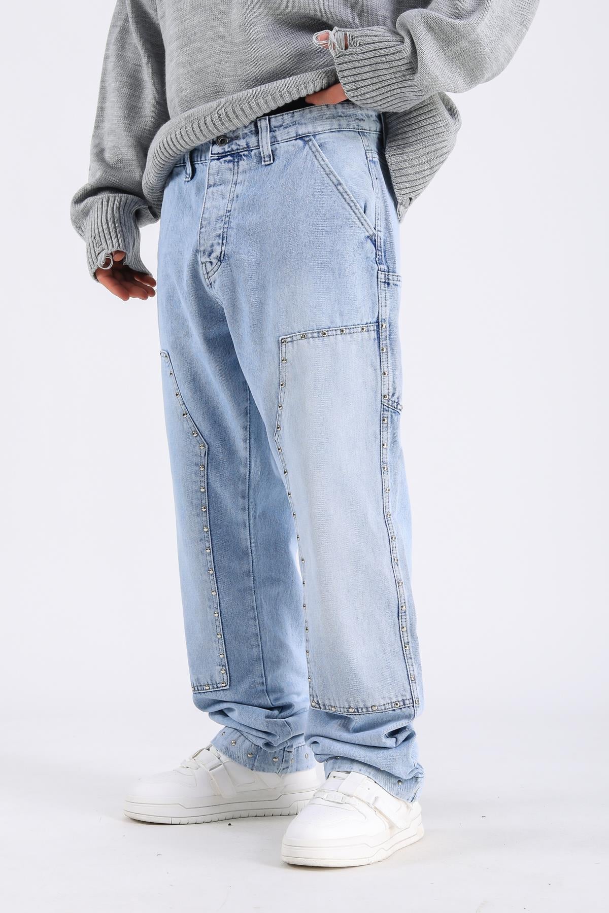 Baggy Patches Rivets Jean - Light blue P1076