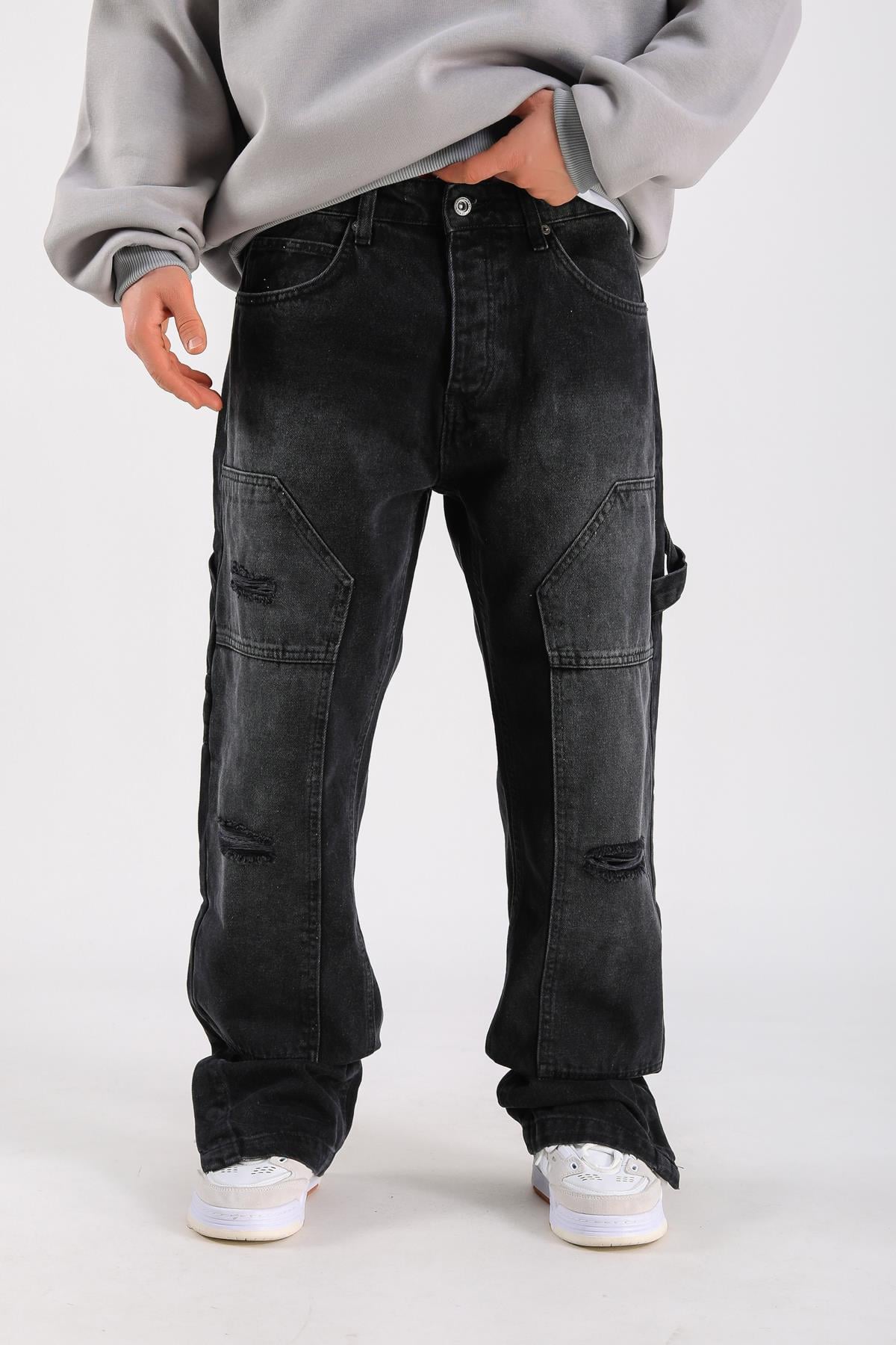 Baggy Torn Patch Jean - Black P1103