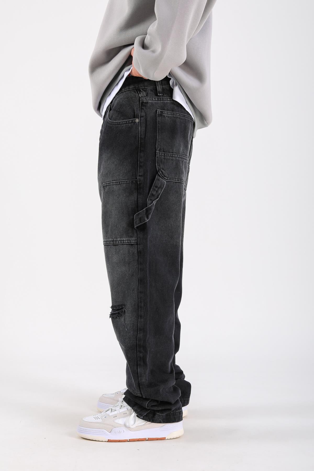 Baggy Torn Patch Jean - Black P1103