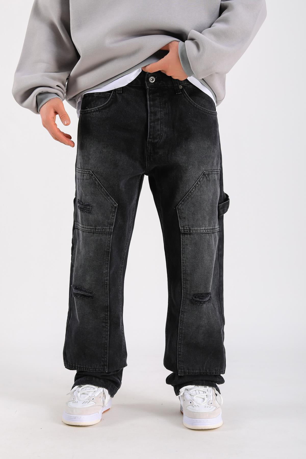 Baggy Torn Patch Jean - Black P1103