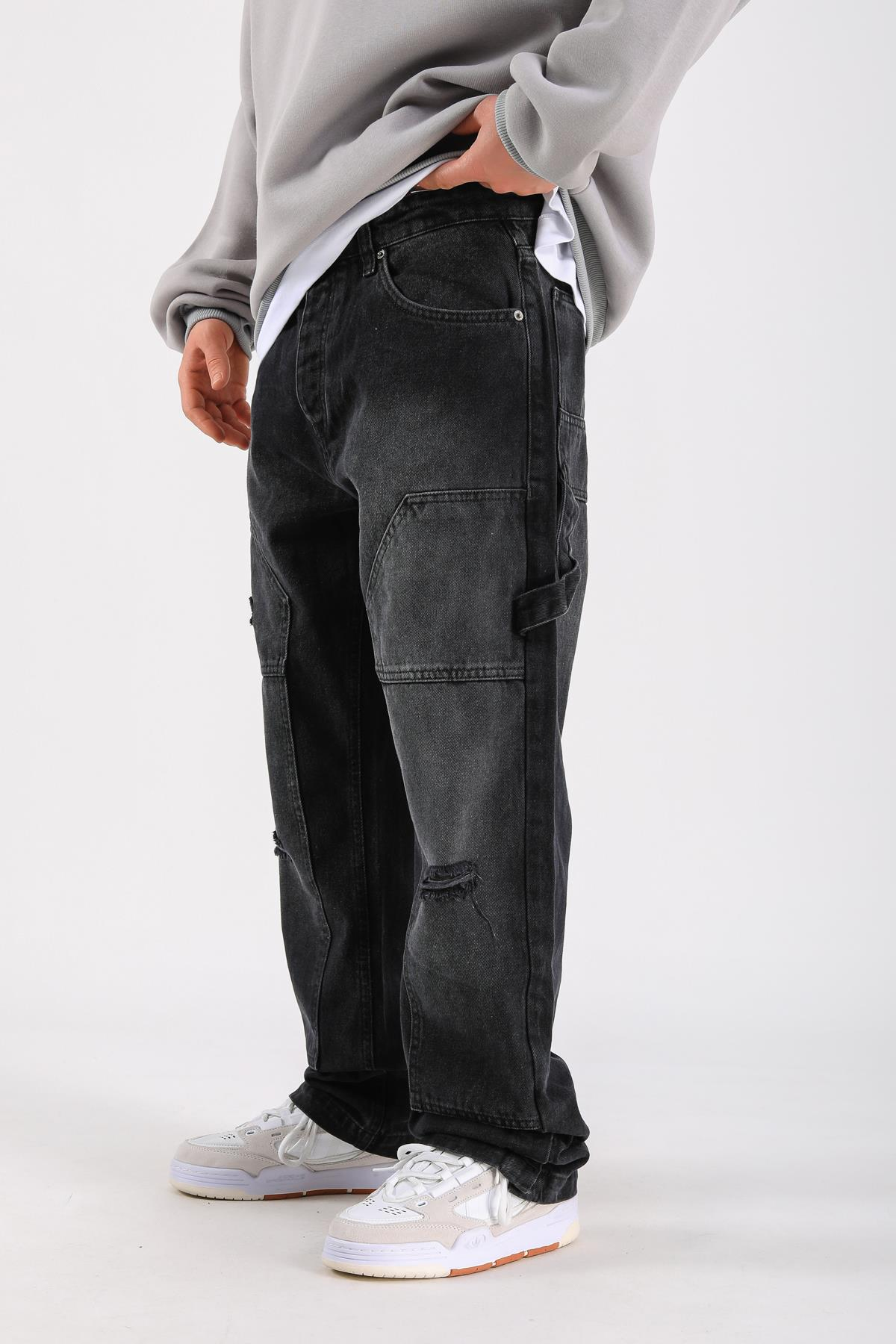 Baggy Torn Patch Jean - Black P1103