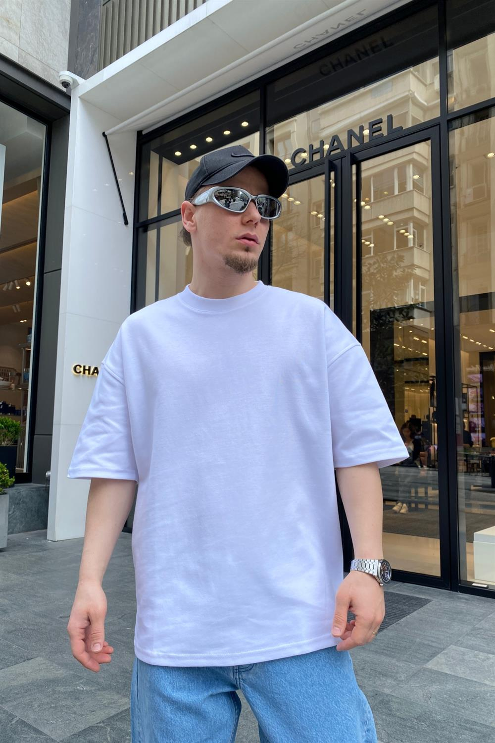 Basic Beyaz Ribanalı Oversize Tshirt  T624