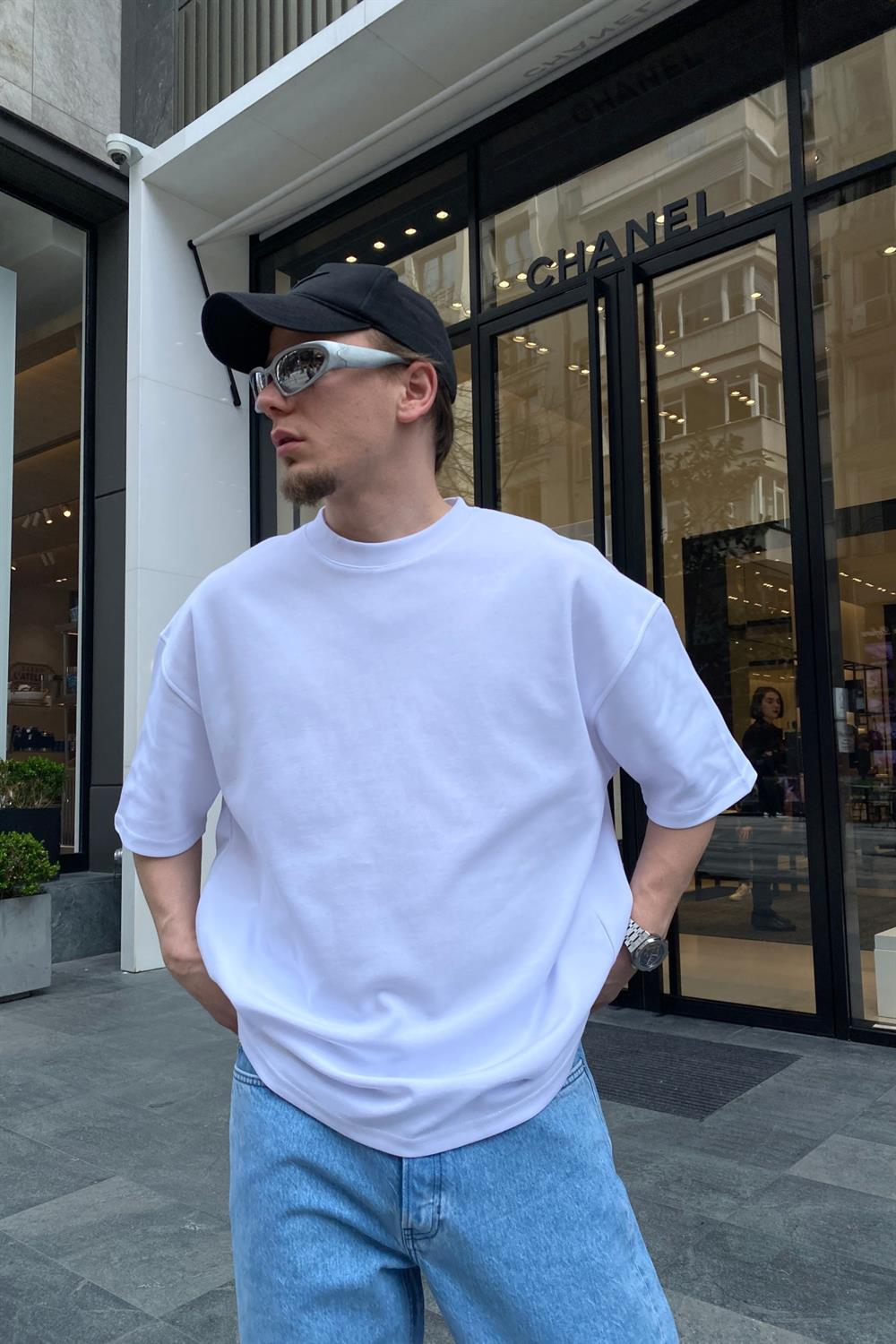 Basic Beyaz Ribanalı Oversize Tshirt  T624