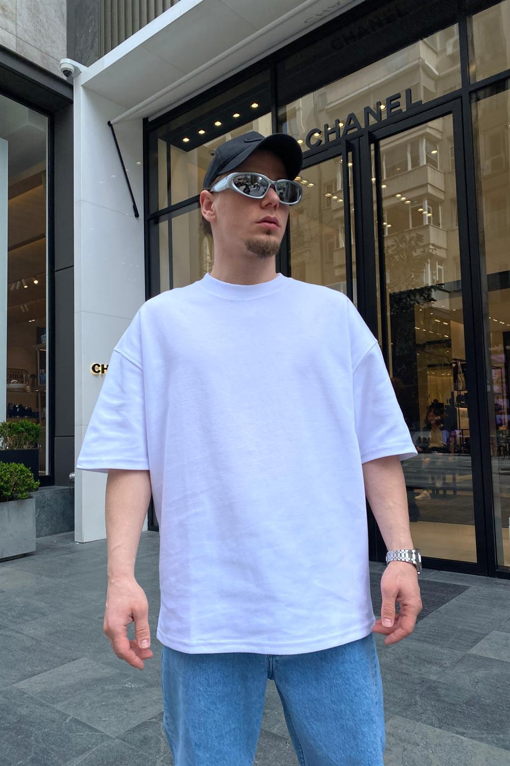 Basic Beyaz Ribanalı Oversize Tshirt  T624