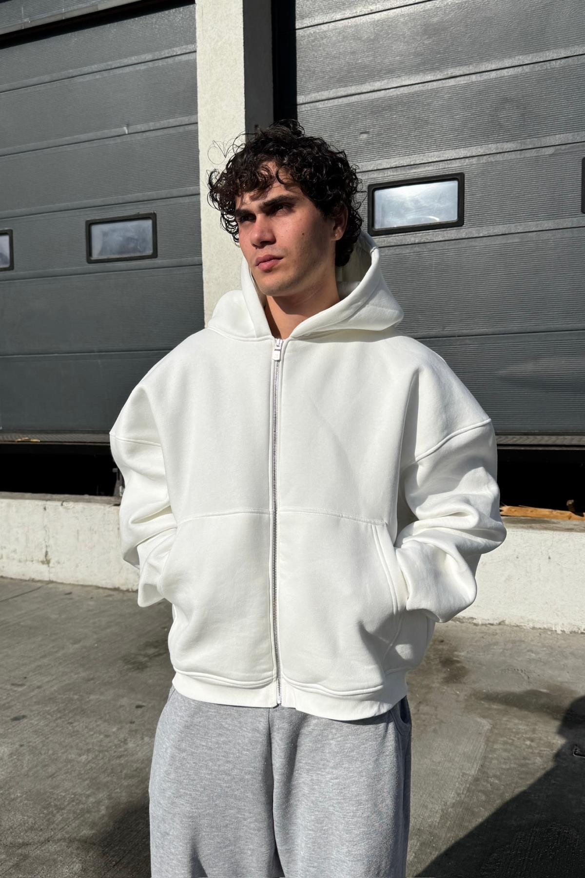 Basic Ekru Oversize Zipper Sweatshirt JC01