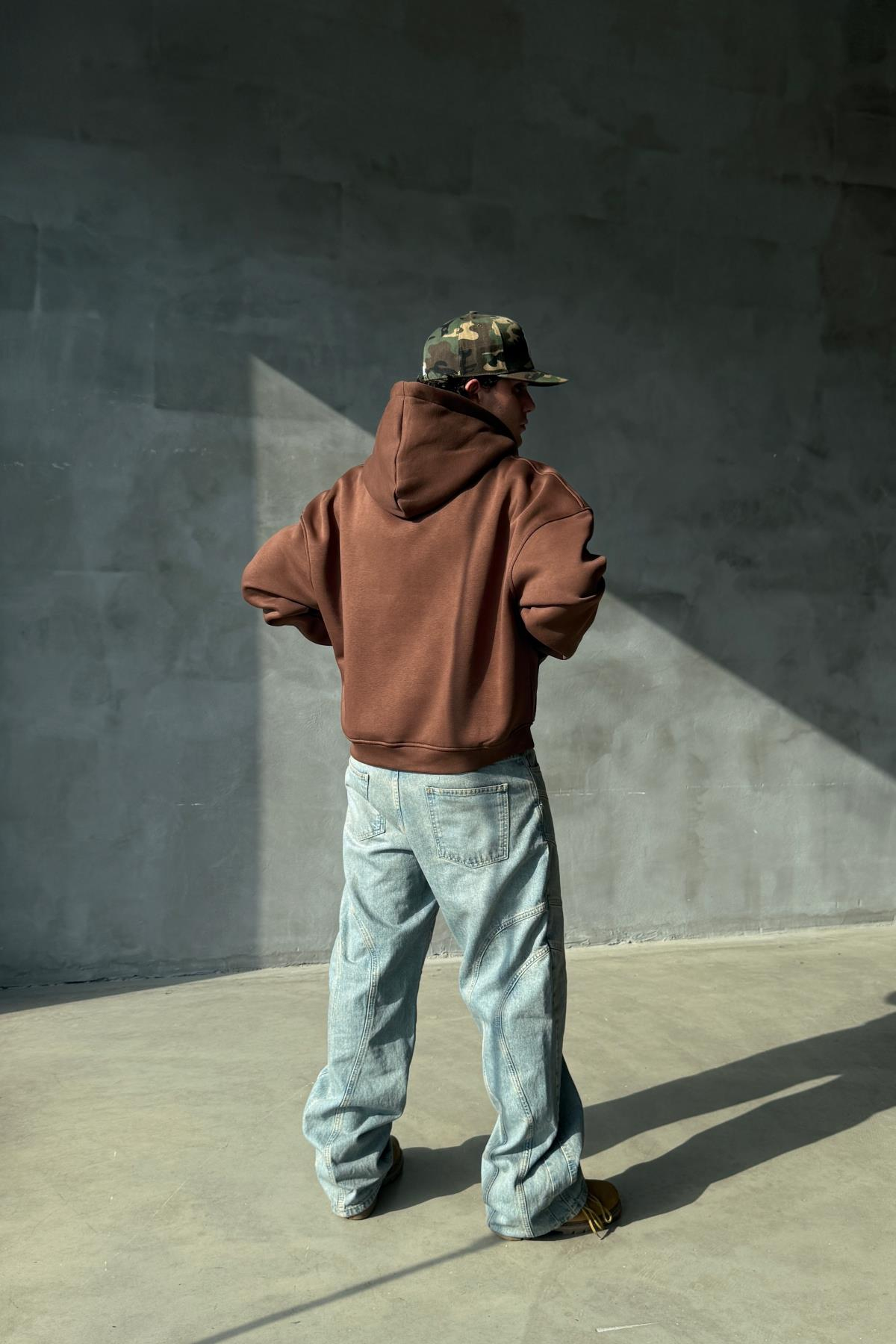 Basic Kahverengi Oversize Zipper Sweatshirt JC01