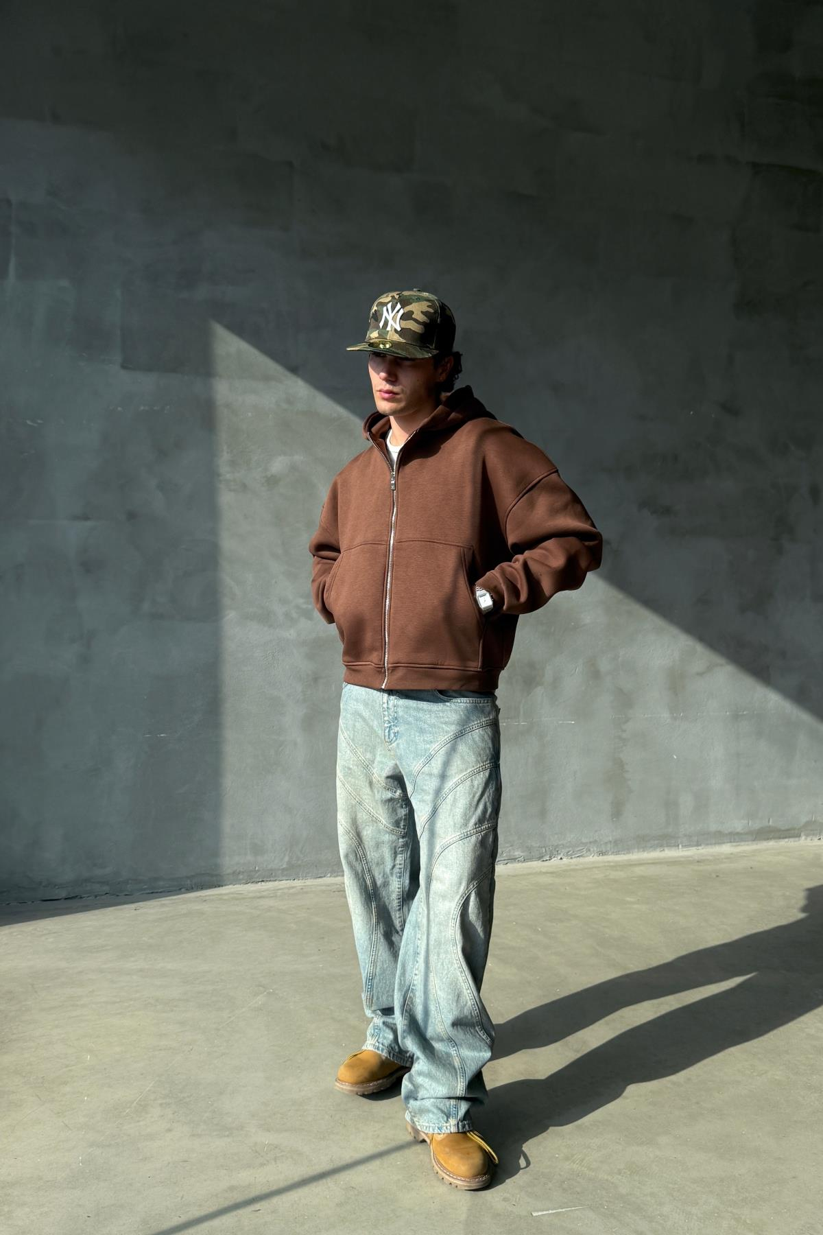 Basic Kahverengi Oversize Zipper Sweatshirt JC01