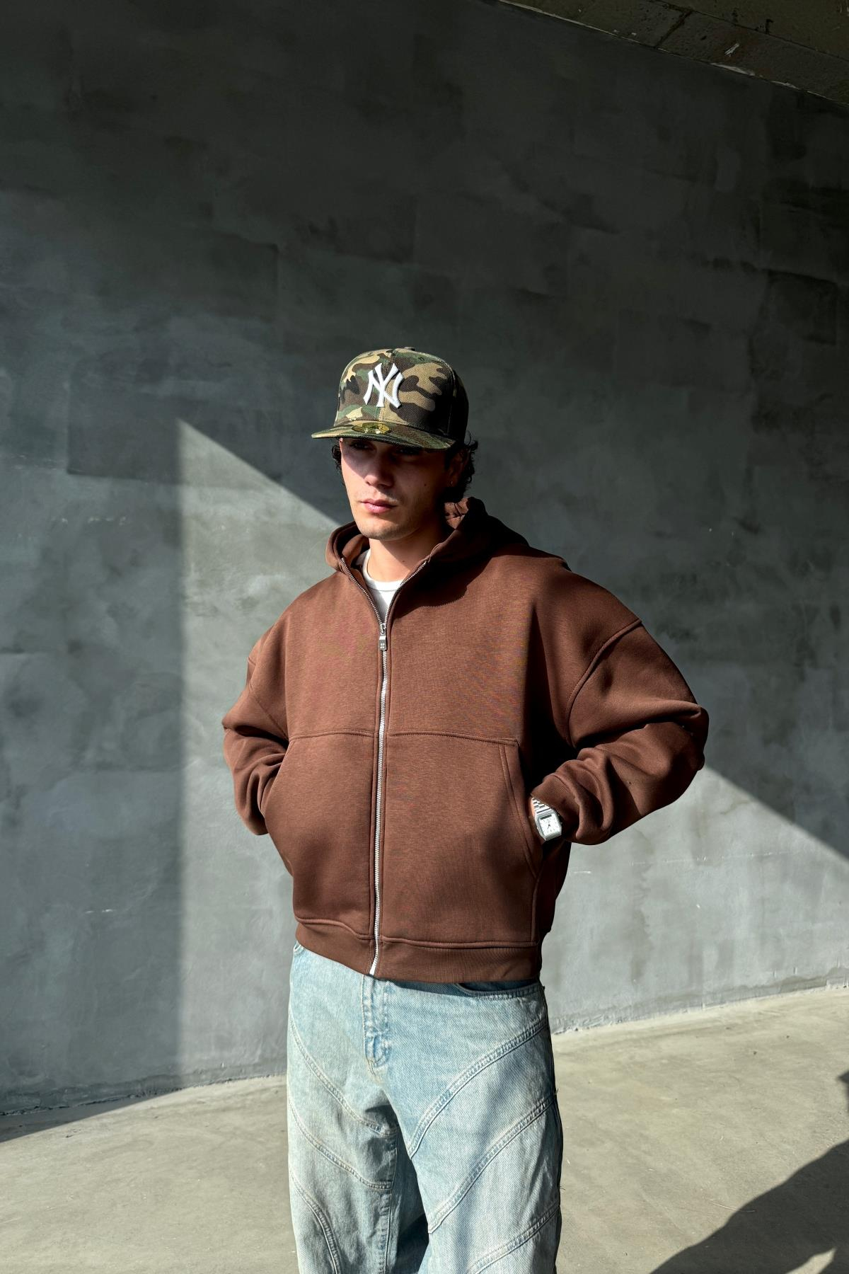 Basic Kahverengi Oversize Zipper Sweatshirt JC01