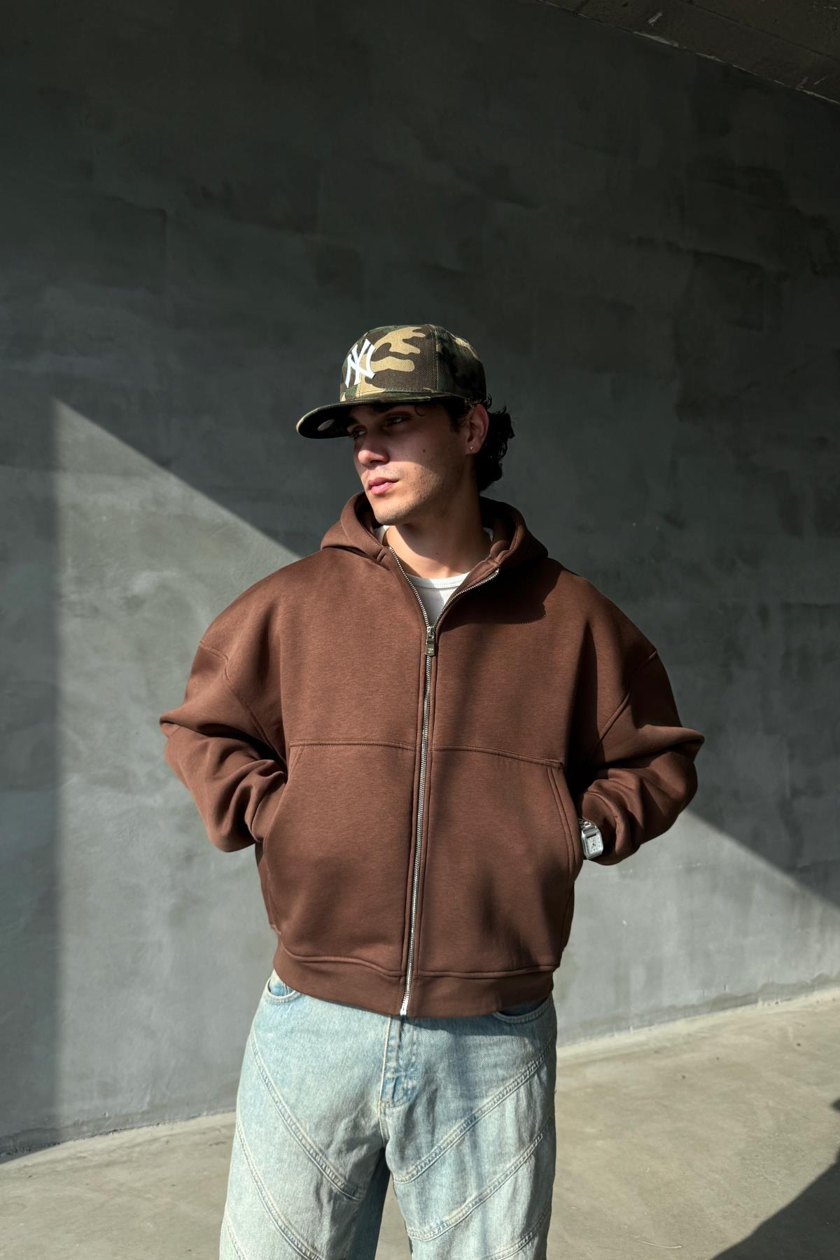 Basic Kahverengi Oversize Zipper Sweatshirt JC01