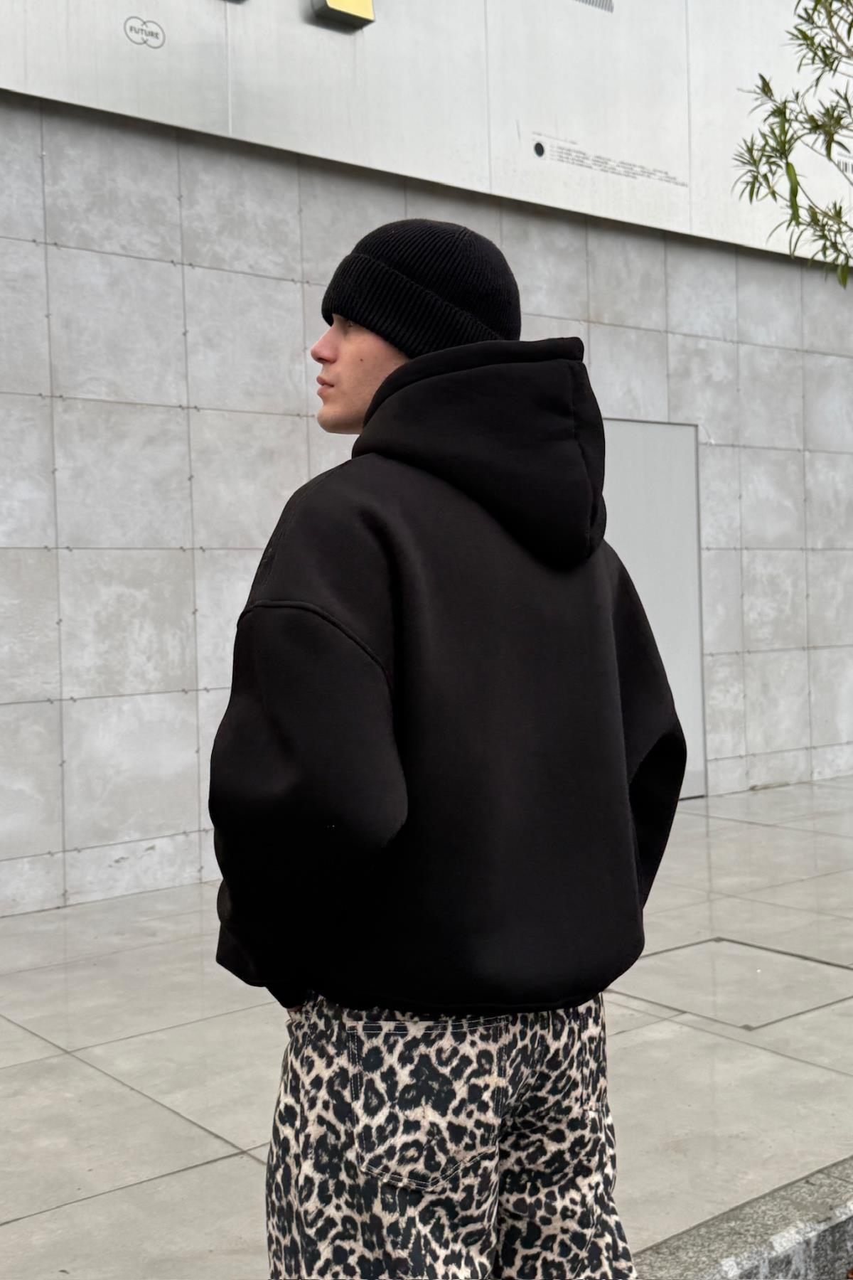 Basic Siyah Oversize Zipper Sweatshirt JC01