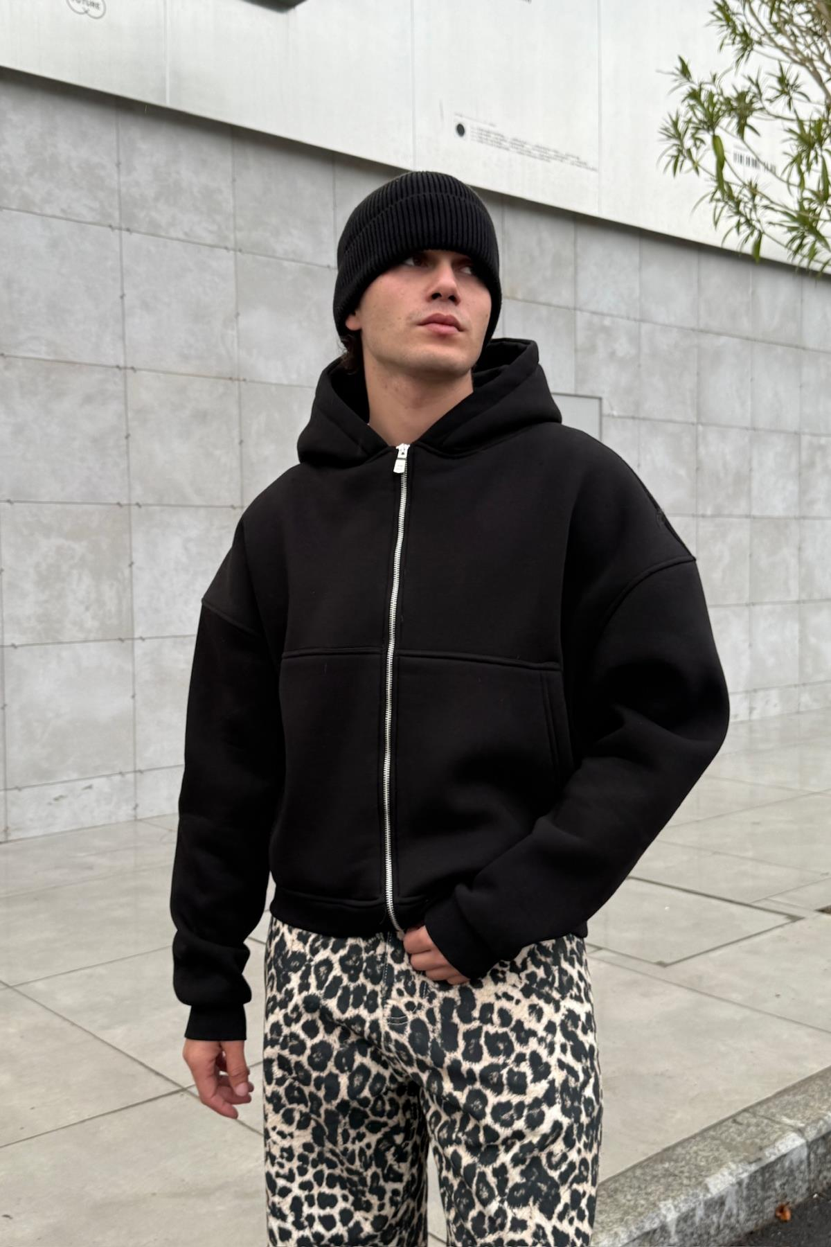Basic Siyah Oversize Zipper Sweatshirt JC01