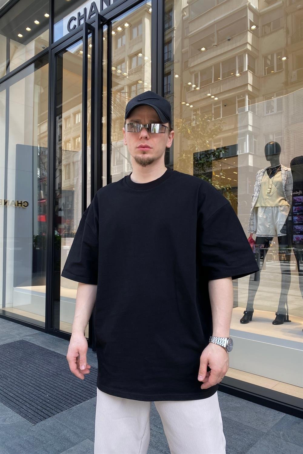 Basic Siyah Ribanalı Oversize Tshirt  T623