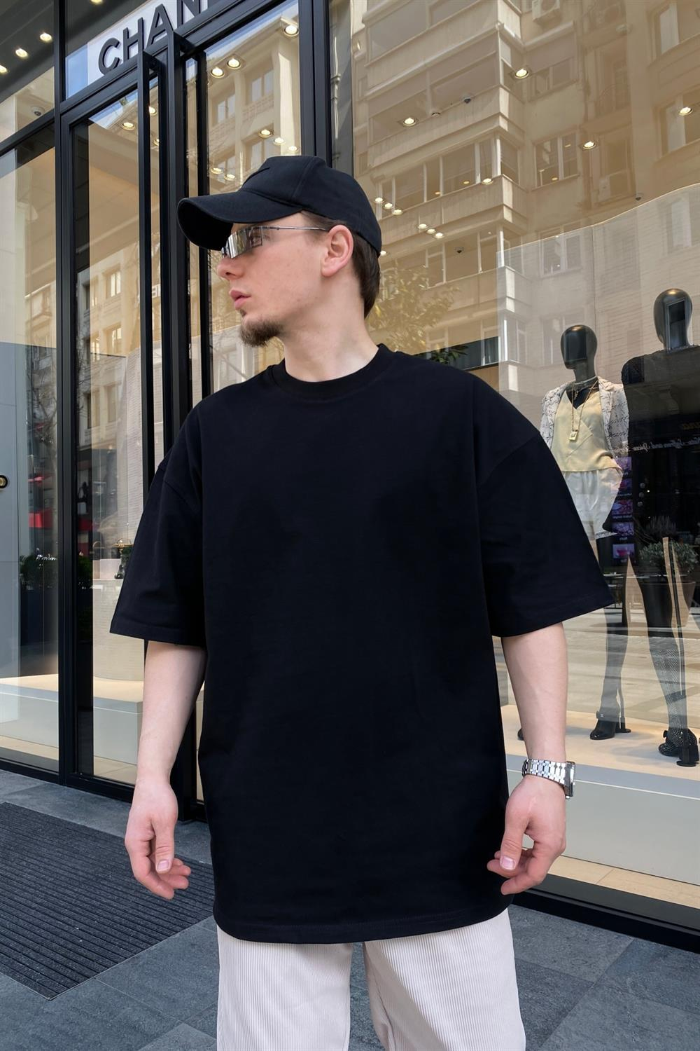 Basic Siyah Ribanalı Oversize Tshirt  T623