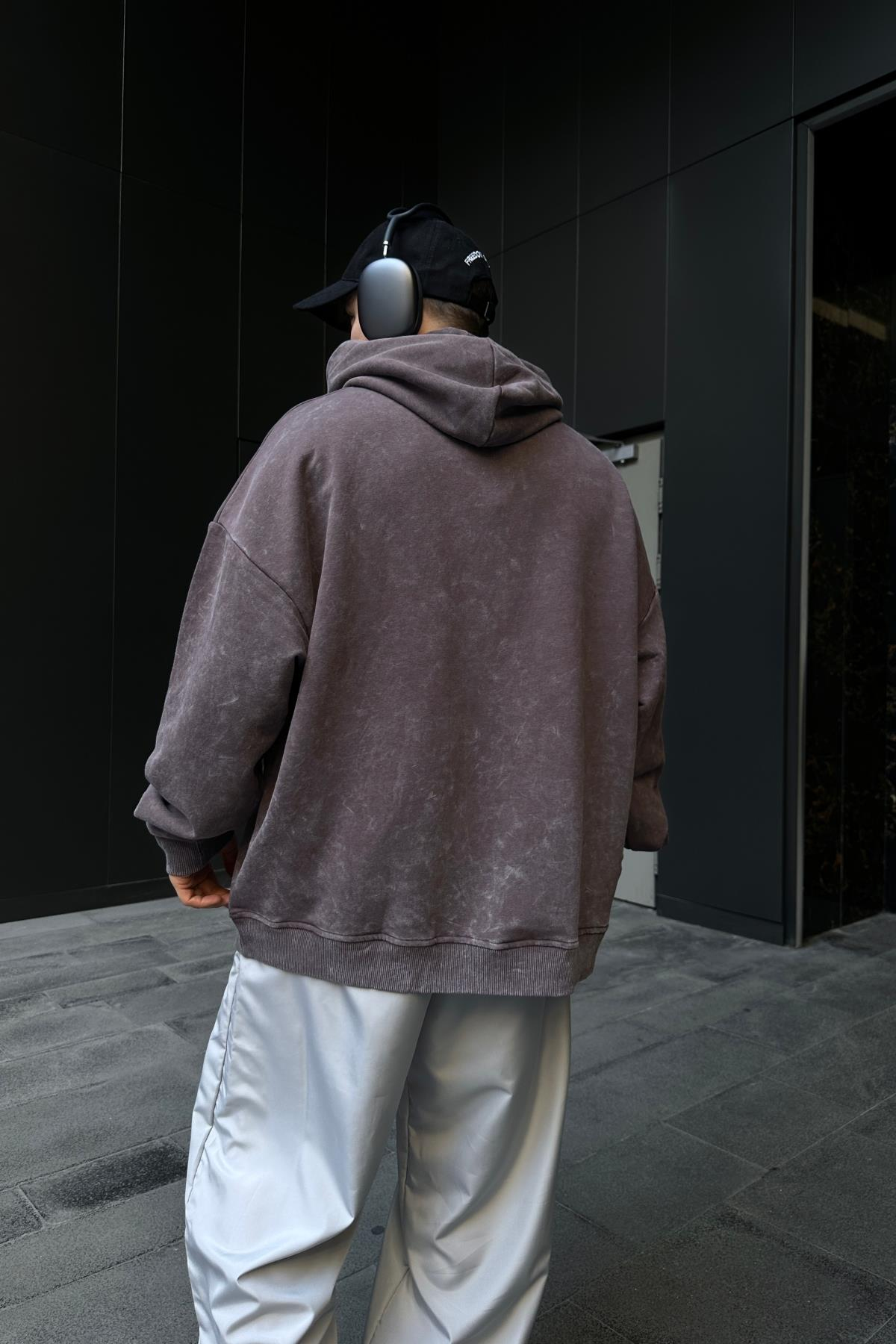 Baskılı Acid Wash Cryin Kahve Oversize Hoodie SW1099