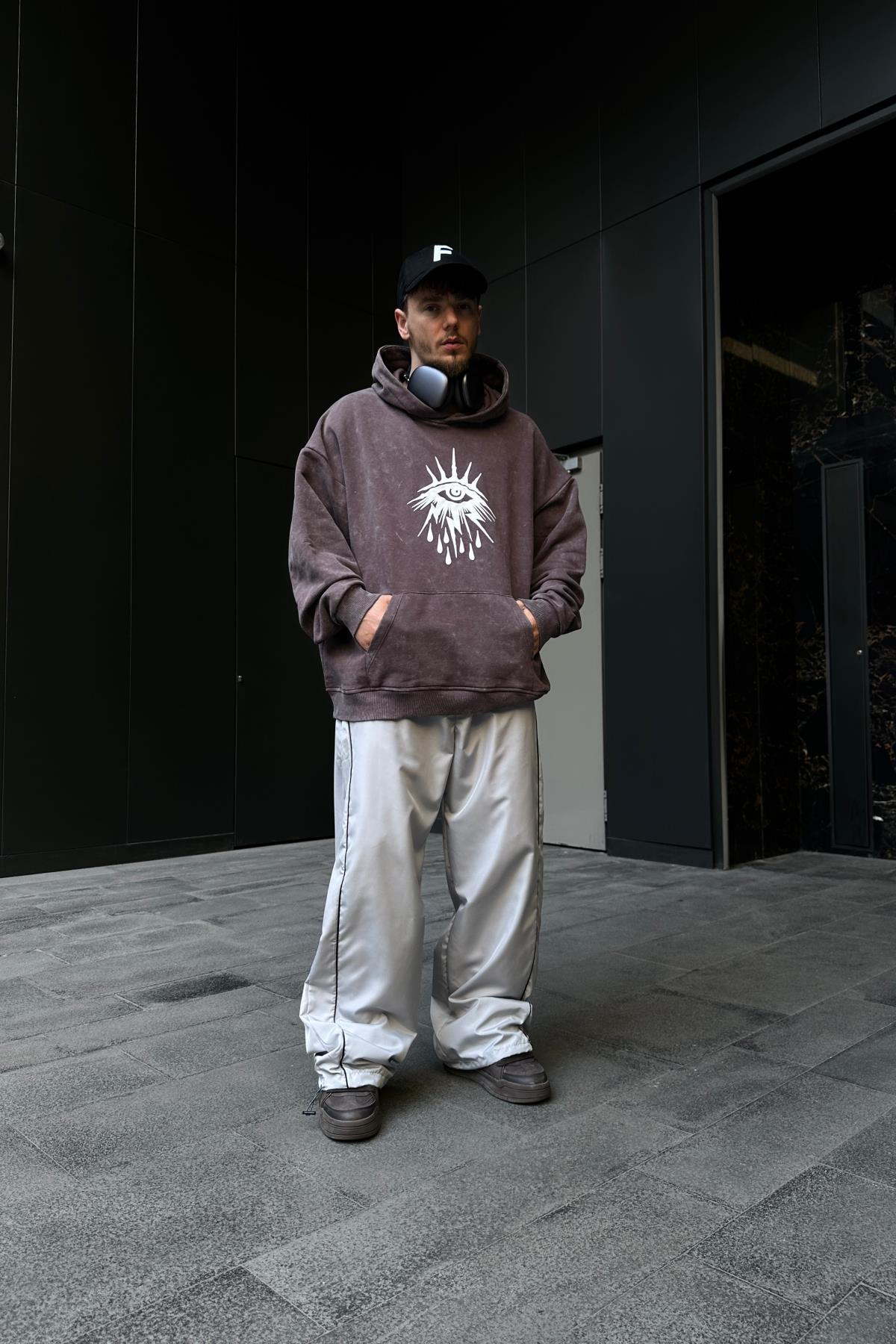 Baskılı Acid Wash Cryin Kahve Oversize Hoodie SW1099