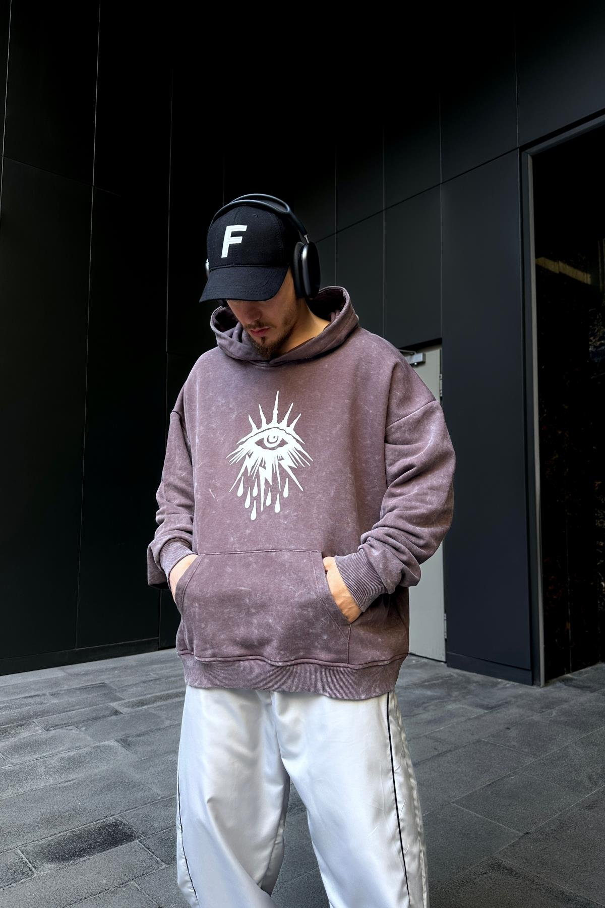Baskılı Acid Wash Cryin Kahve Oversize Hoodie SW1099
