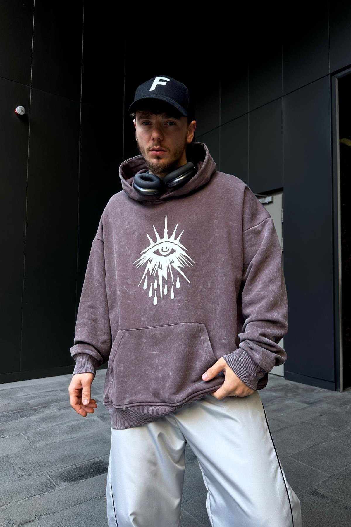 Baskılı Acid Wash Cryin Kahve Oversize Hoodie SW1099