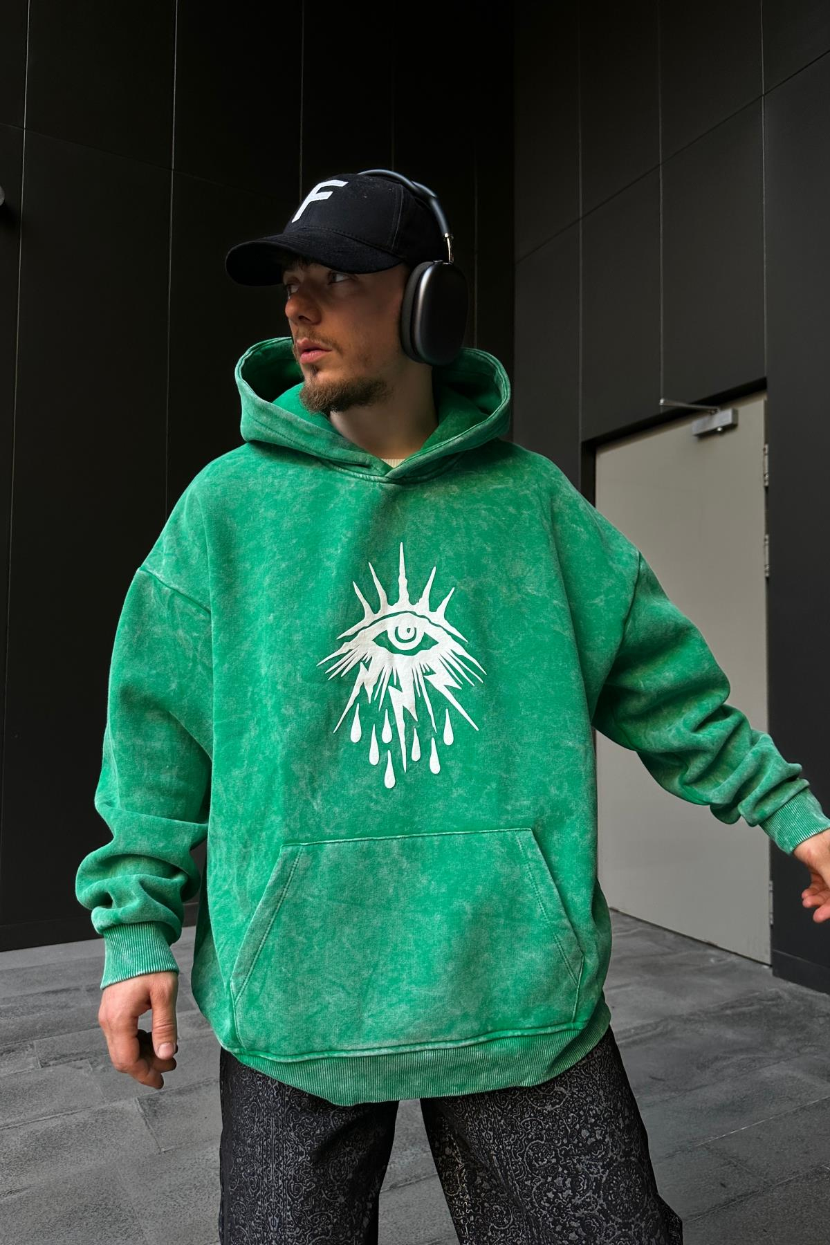 Baskılı Acid Wash Cryin Yeşil Oversize Hoodie SW1096