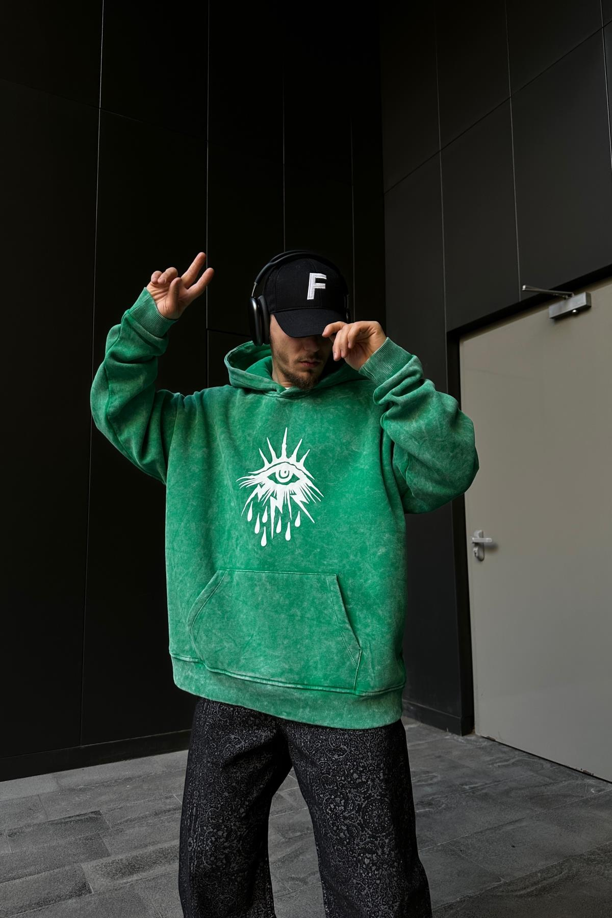 Baskılı Acid Wash Cryin Yeşil Oversize Hoodie SW1096