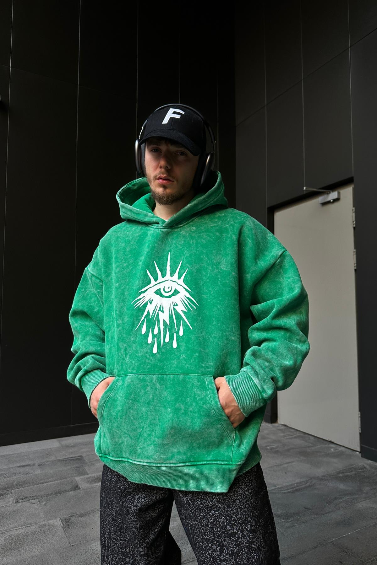 Baskılı Acid Wash Cryin Yeşil Oversize Hoodie SW1096
