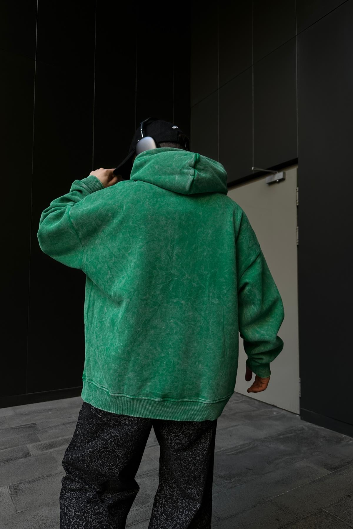 Baskılı Acid Wash Cryin Yeşil Oversize Hoodie SW1096