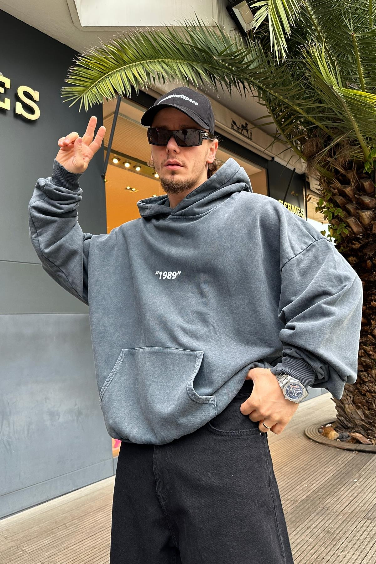 Baskılı Acid Wash Oversize Sweatshirt SW991
