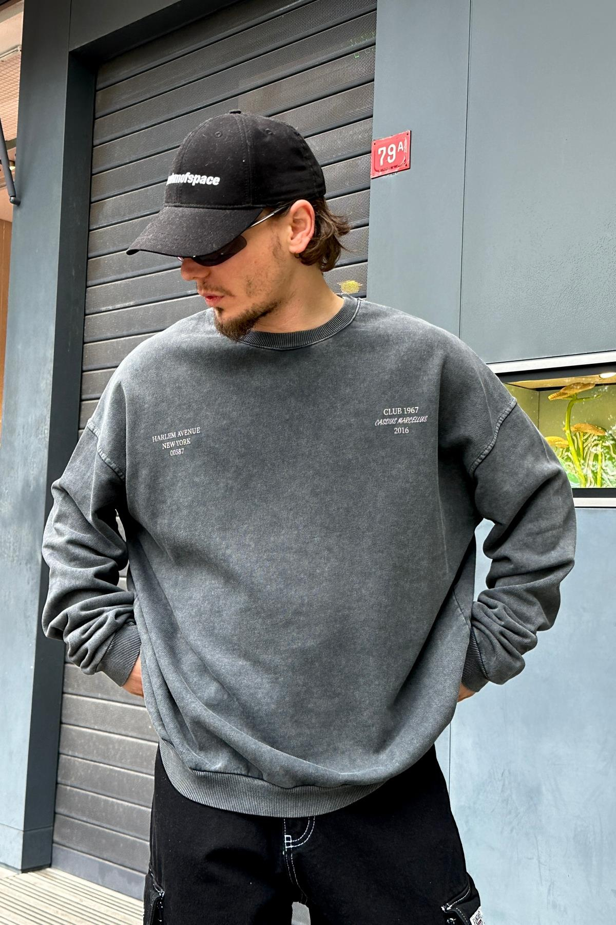 Baskılı Acid Wash Oversize Sweatshirt SW992