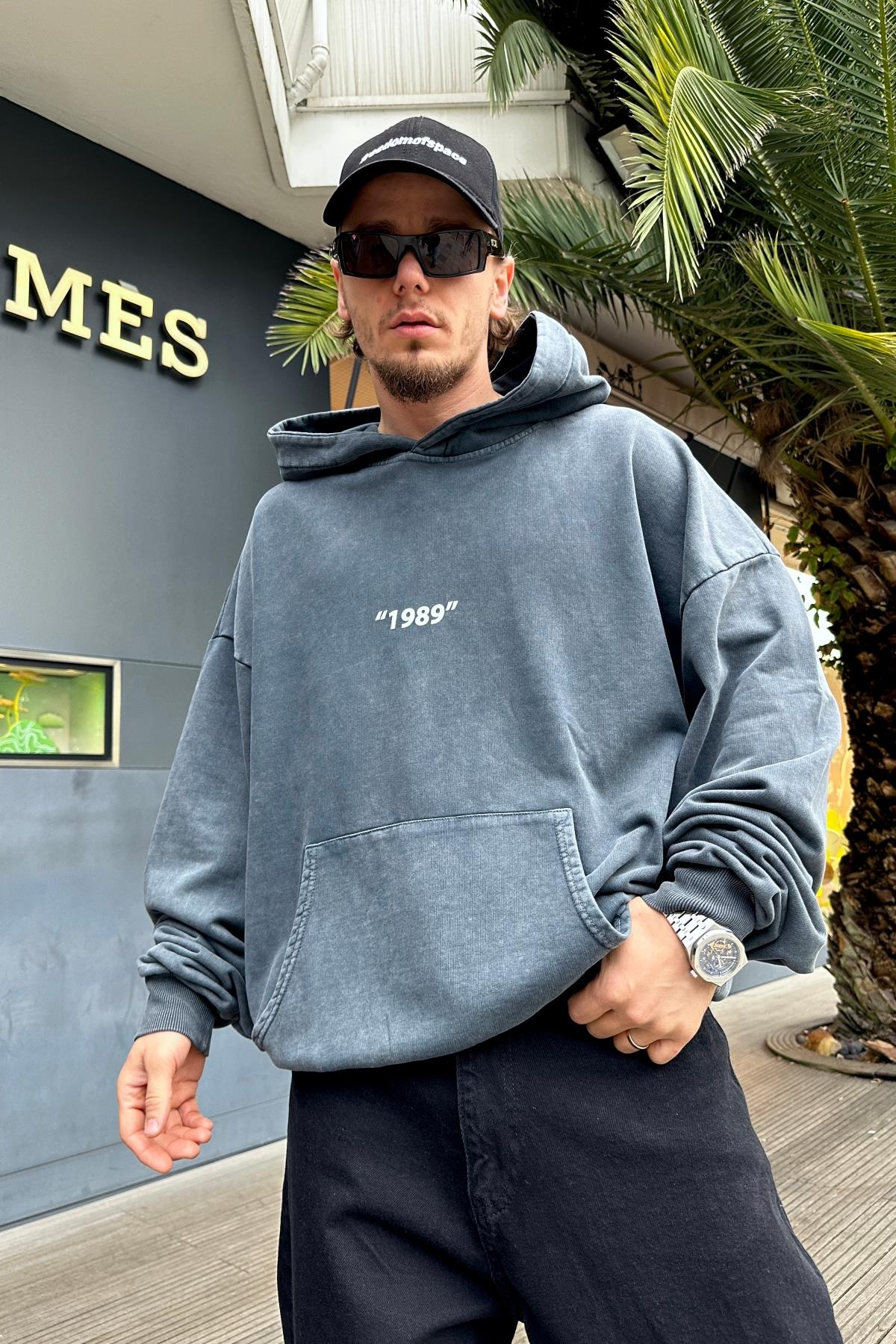 Baskılı Acid Wash Oversize Sweatshirt SW991